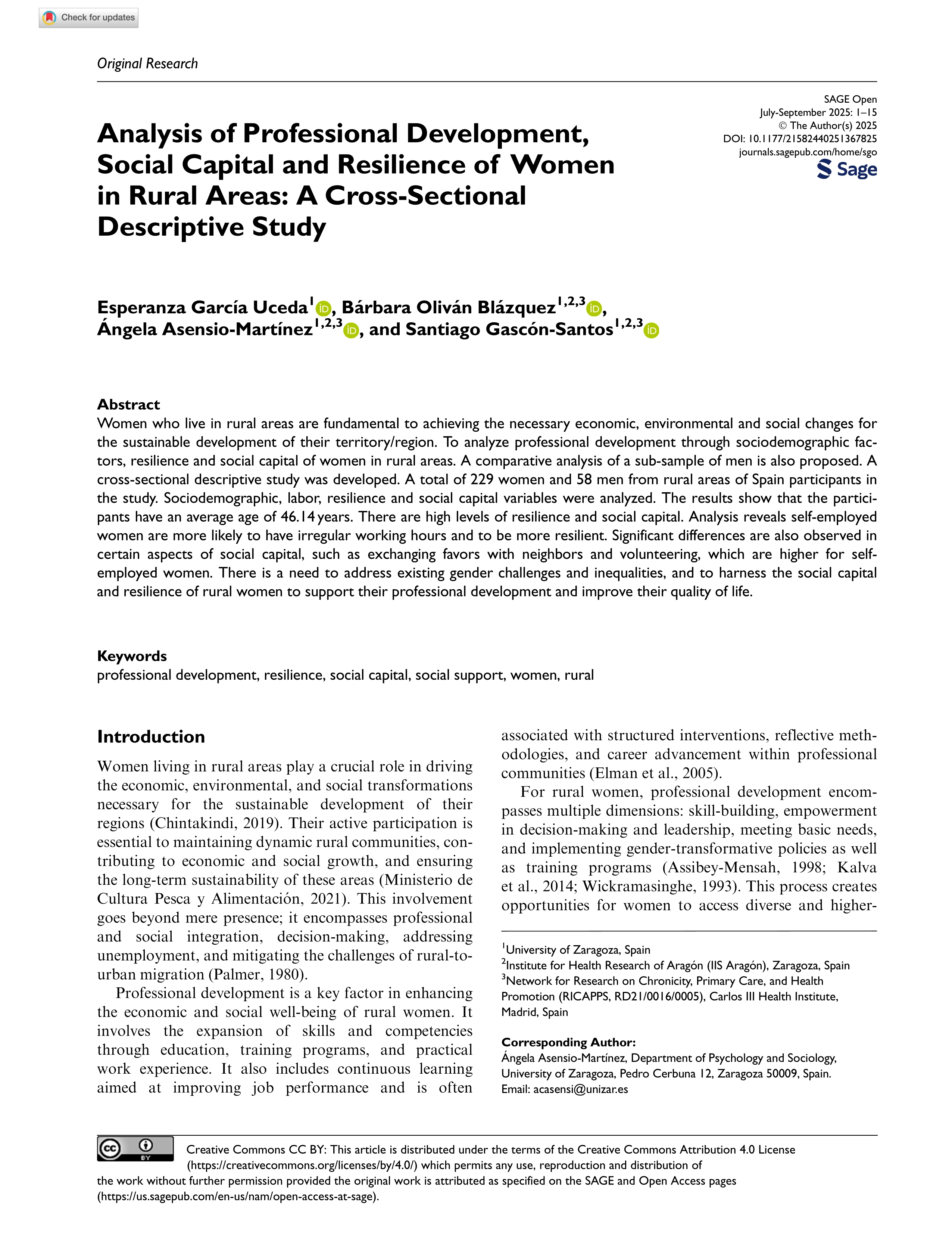 Analysis of Professional Development, Social Capital and Resilience of Women in Rural Areas: A Cross-Sectional Descriptive Study