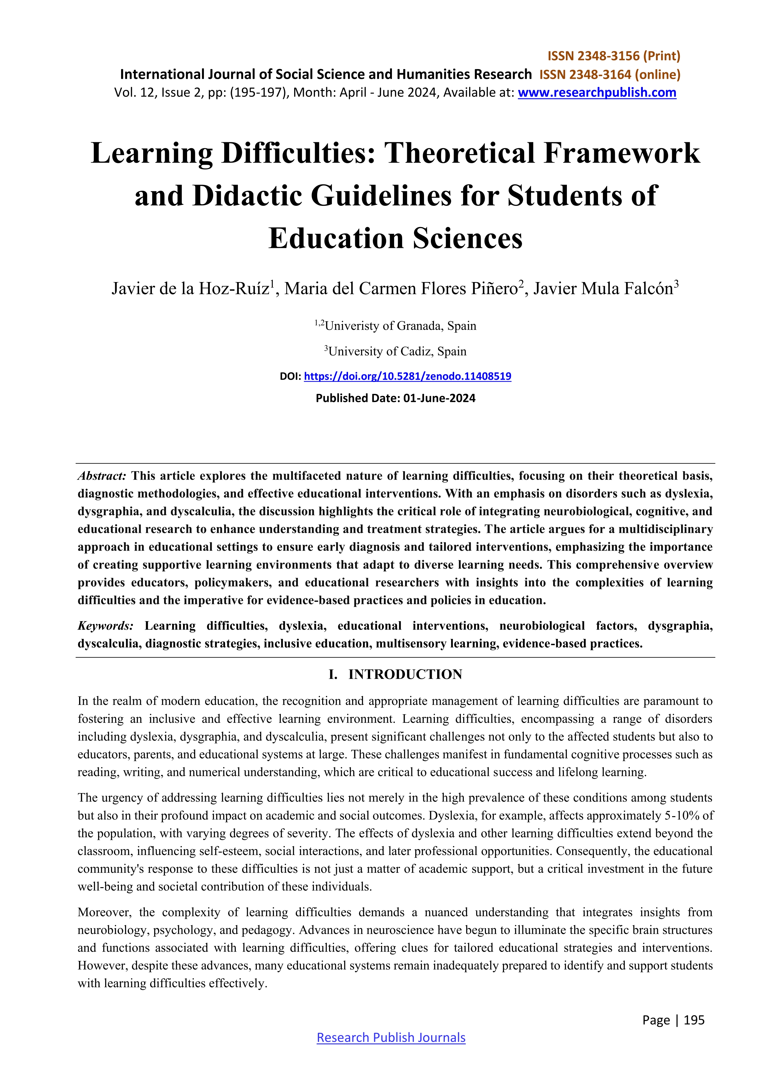 Learning difficulties: Theoretical framework and didactic guidelines for students of education sciences