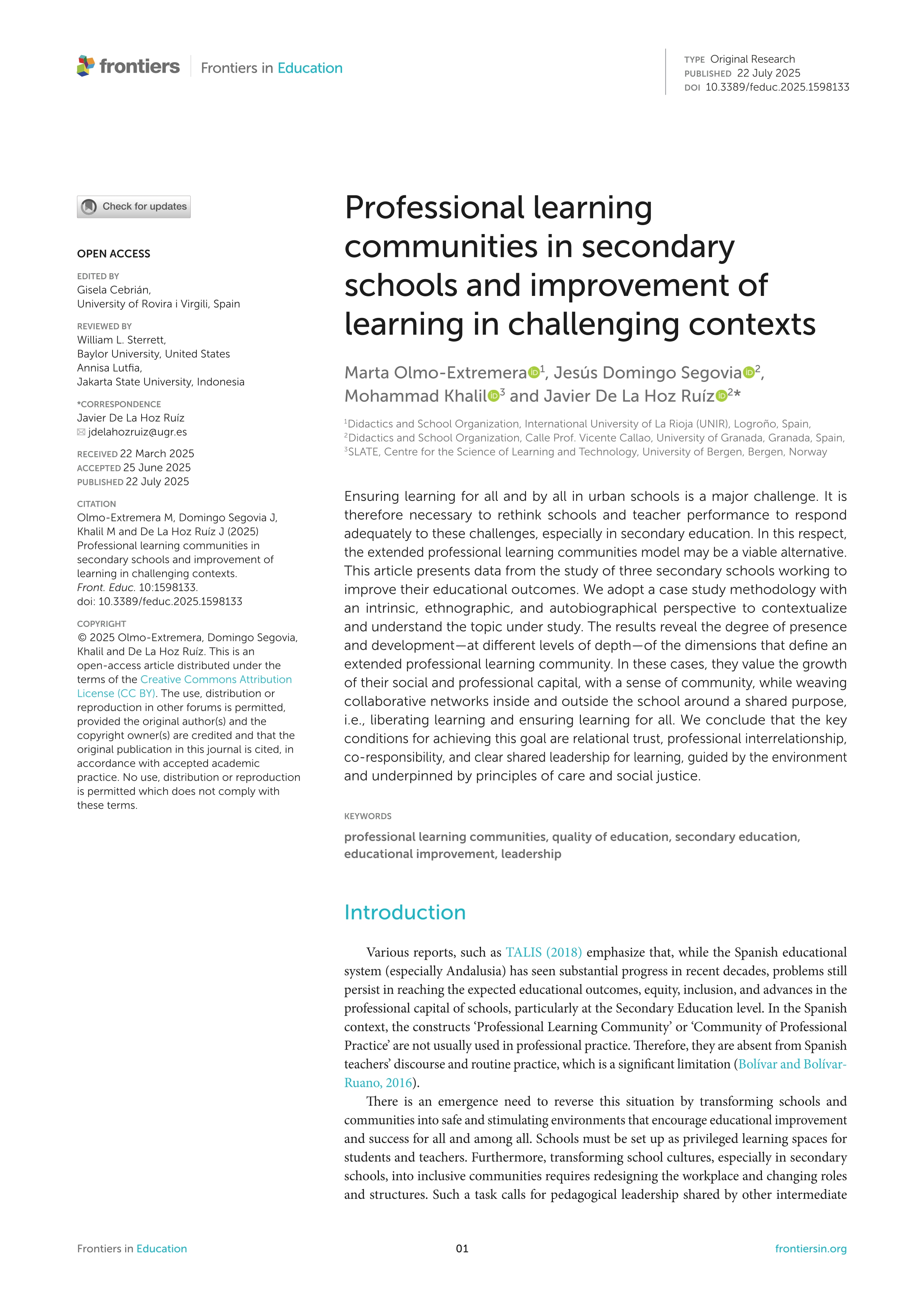 Professional learning communities in secondary schools and improvement of learning in challenging contexts
