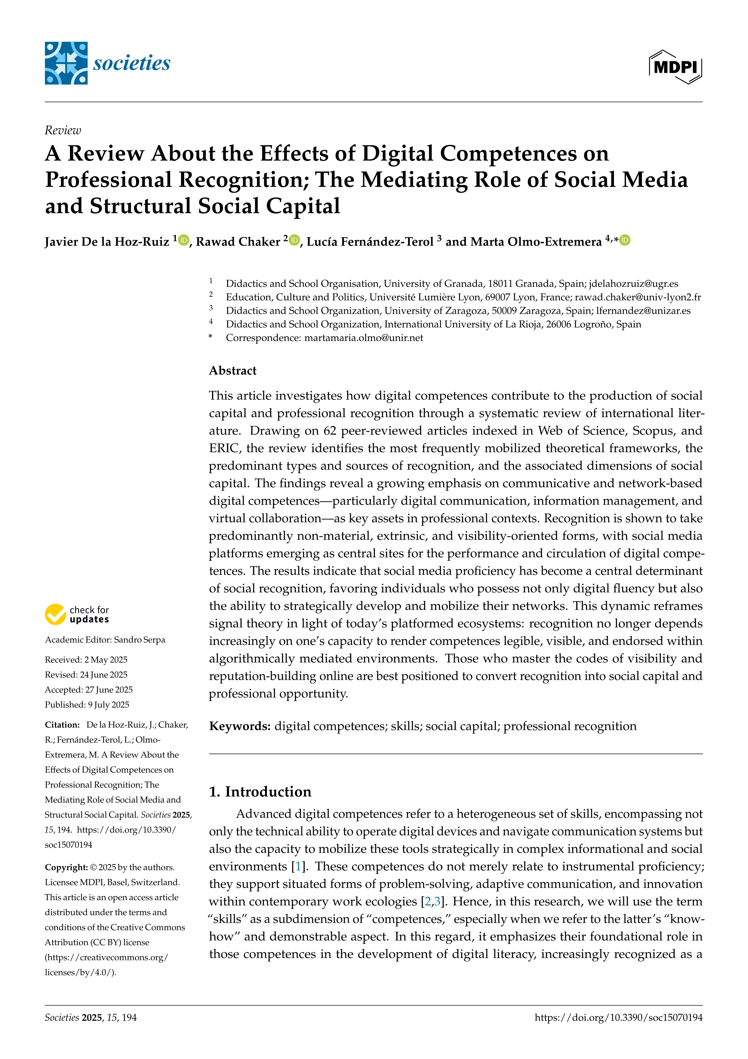 A Review About the Effects of Digital Competences on Professional Recognition; The Mediating Role of Social Media and Structural Social Capital