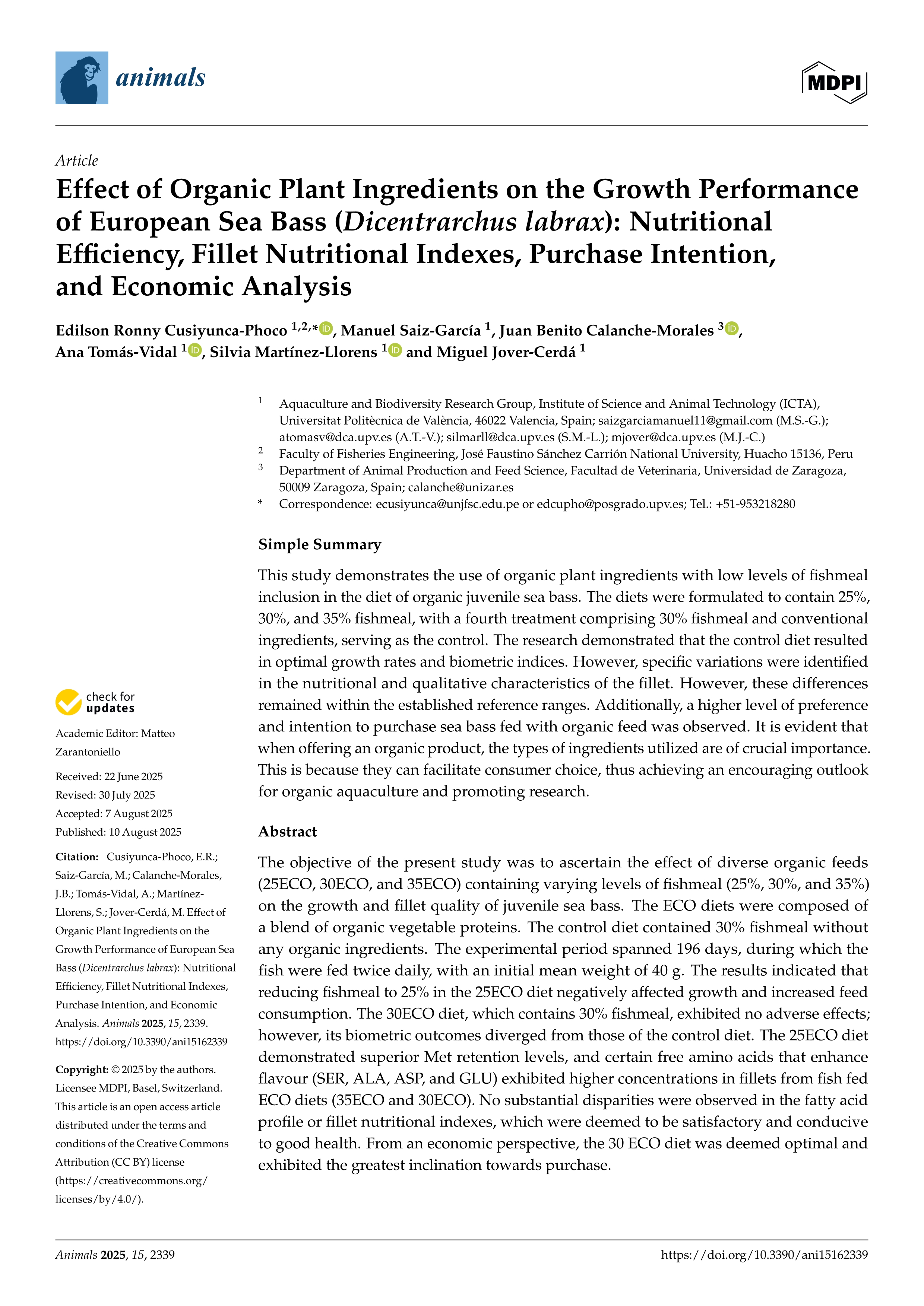 Effect of Organic Plant Ingredients on the Growth Performance of European Sea Bass (Dicentrarchus labrax): Nutritional Efficiency, Fillet Nutritional Indexes, Purchase Intention, and Economic Analysis