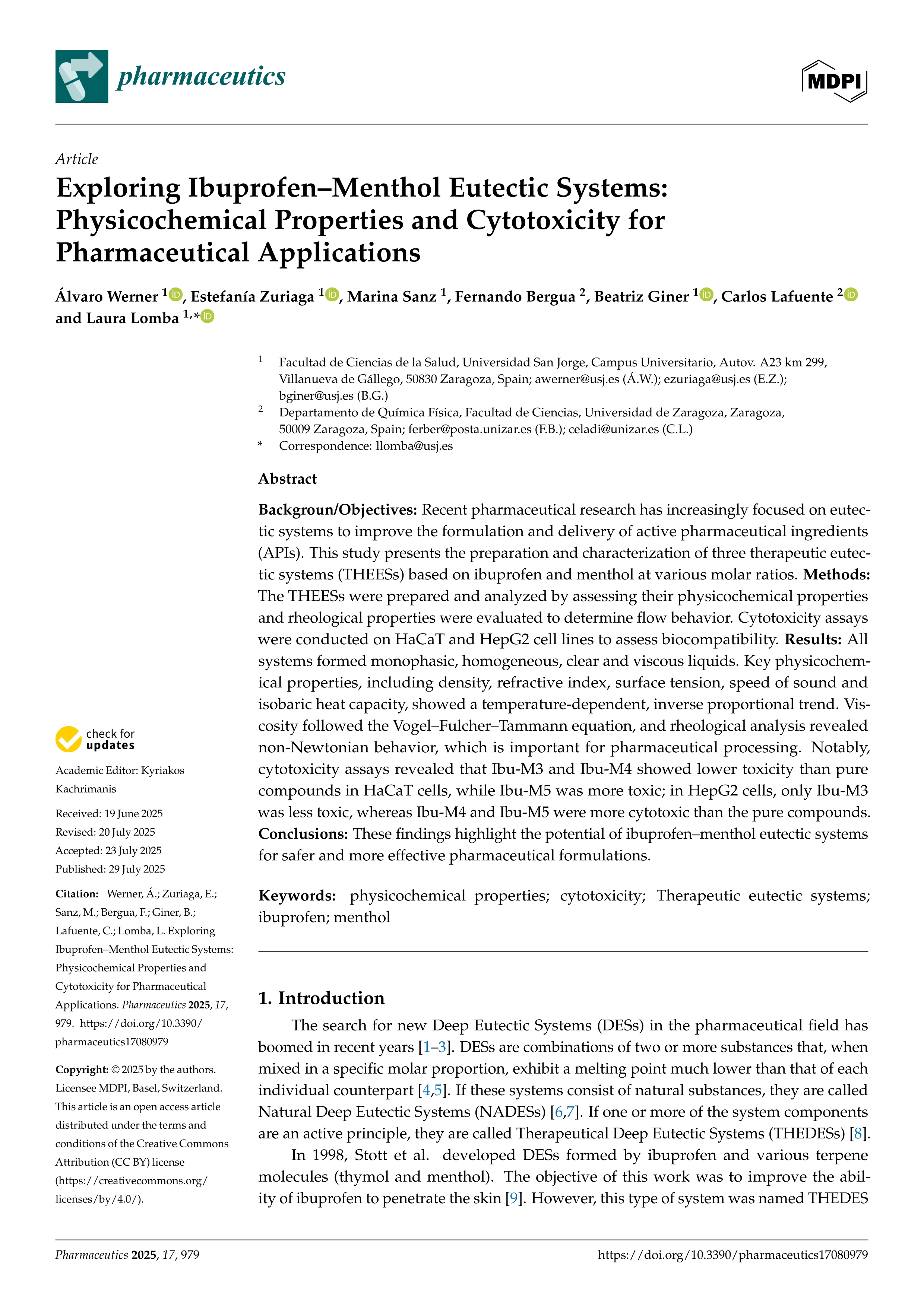 Exploring Ibuprofen–Menthol Eutectic Systems: Physicochemical Properties and Cytotoxicity for Pharmaceutical Applications