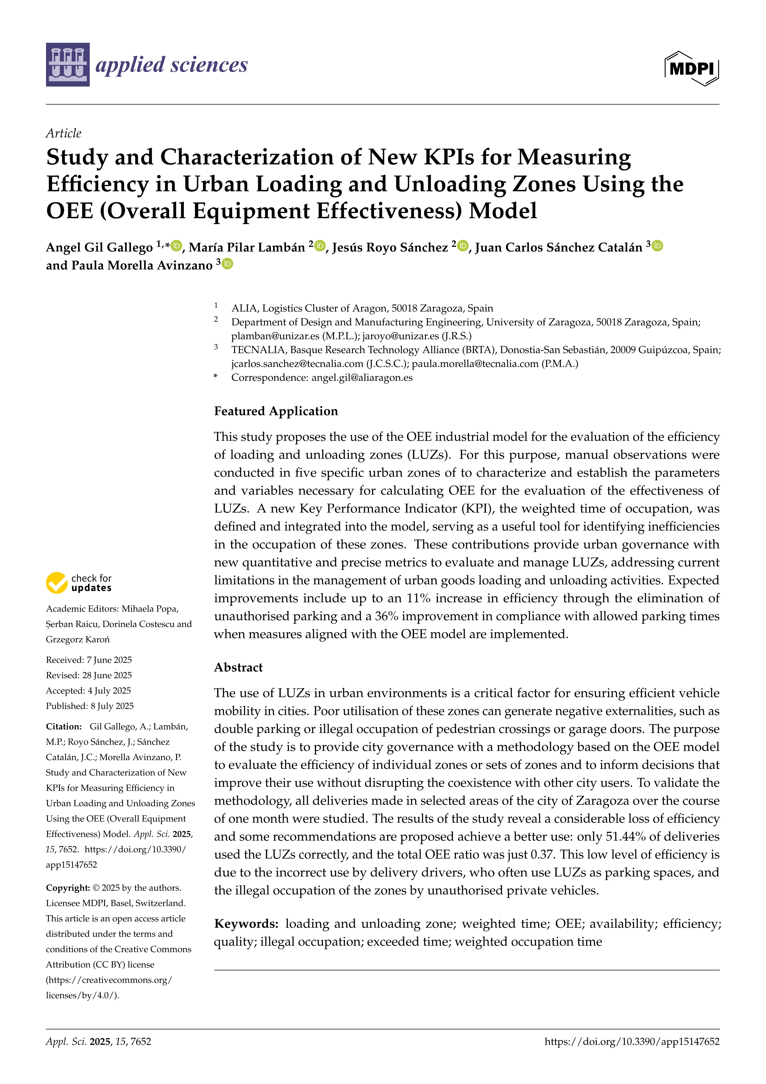 Study and Characterization of New KPIs for Measuring Efficiency in Urban Loading and Unloading Zones Using the OEE (Overall Equipment Effectiveness) Model