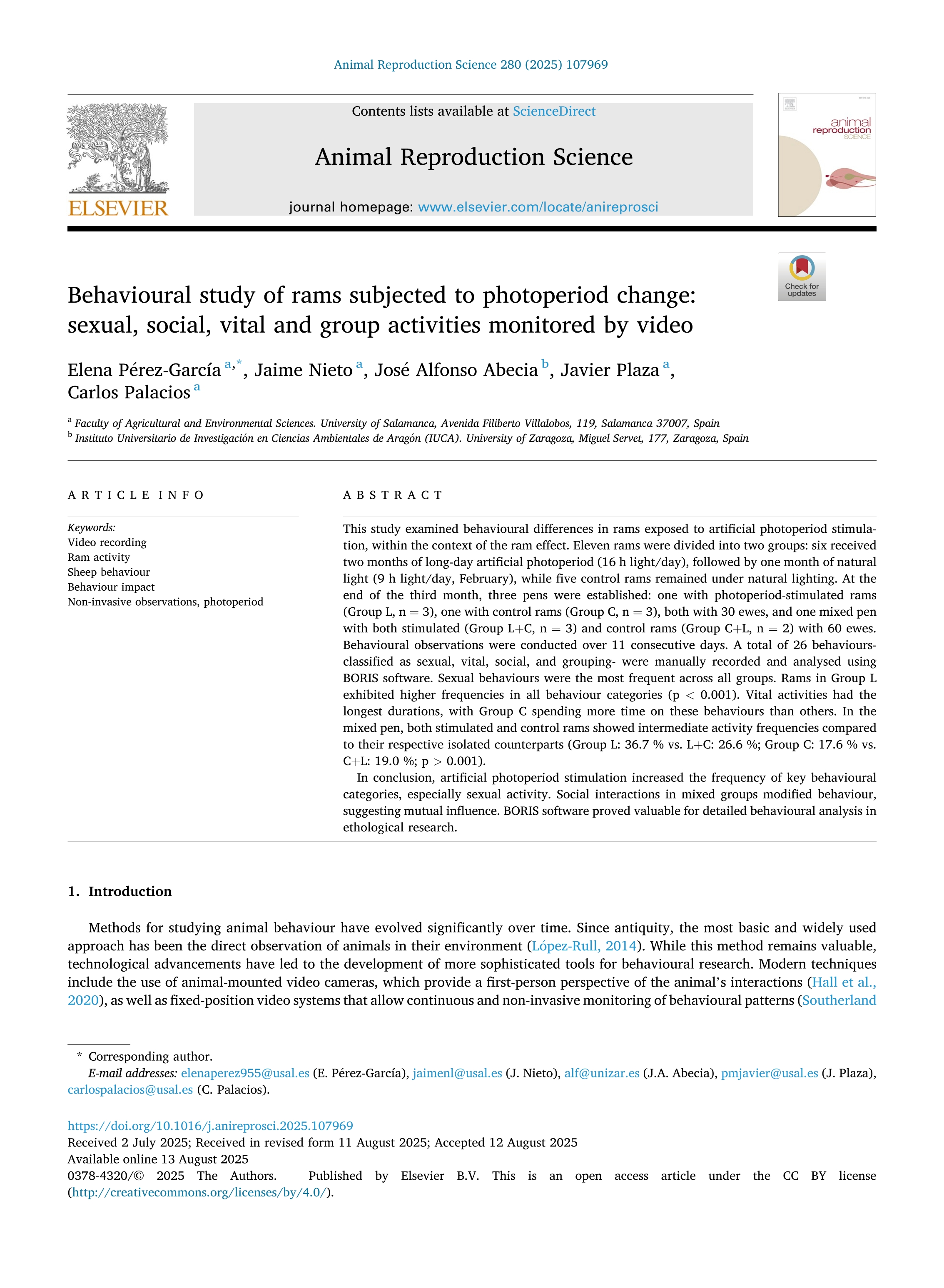 Behavioural study of rams subjected to photoperiod change: sexual, social, vital and group activities monitored by video