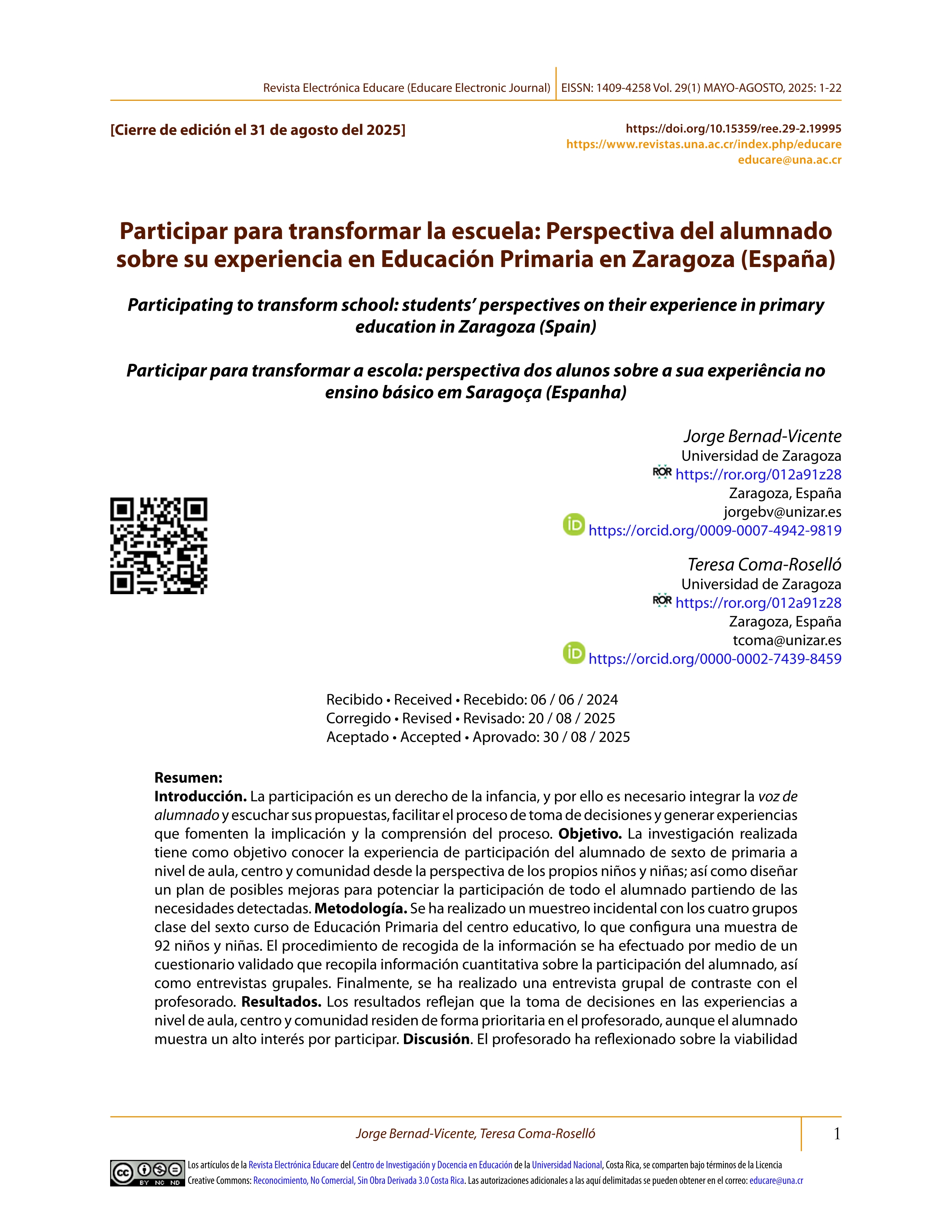 Participar para transformar la escuela: Perspectiva del alumnado sobre su experiencia en Educación Primaria en Zaragoza (España)