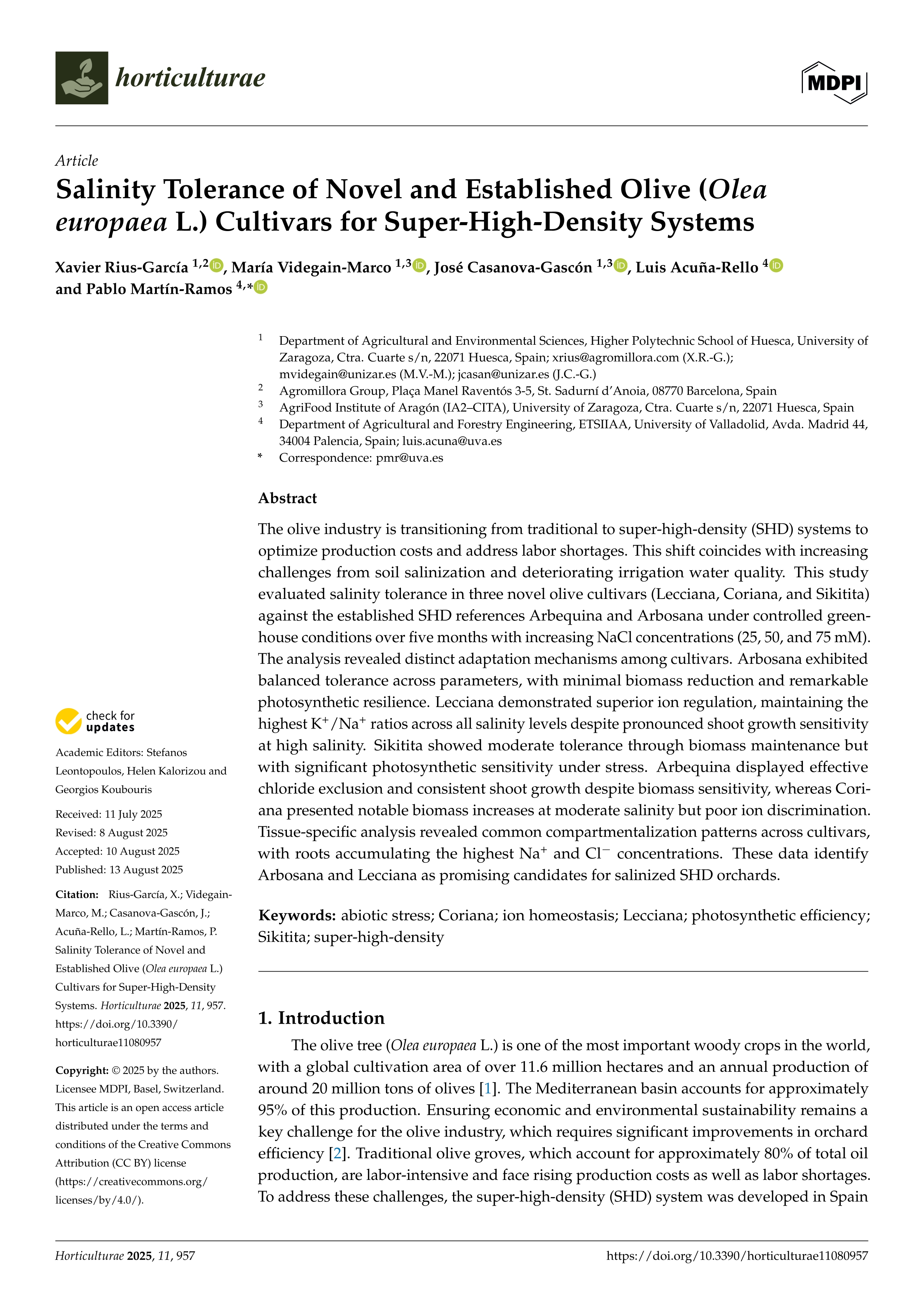Salinity Tolerance of Novel and Established Olive (Olea europaea L.) Cultivars for Super-High-Density Systems