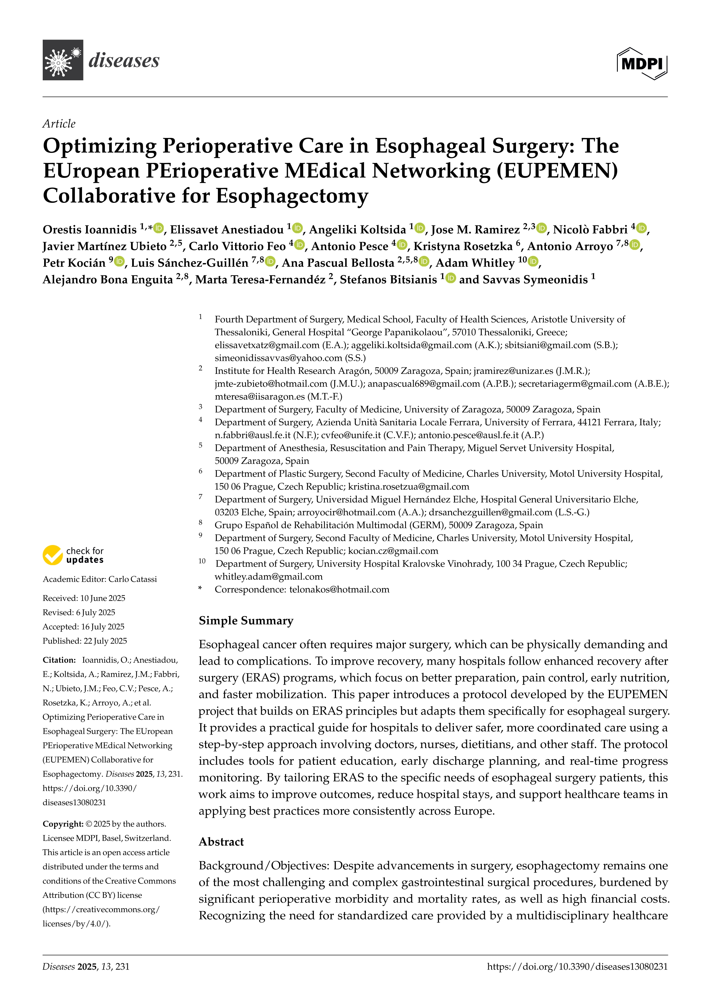 Optimizing Perioperative Care in Esophageal Surgery: The EUropean PErioperative MEdical Networking (EUPEMEN) Collaborative for Esophagectomy