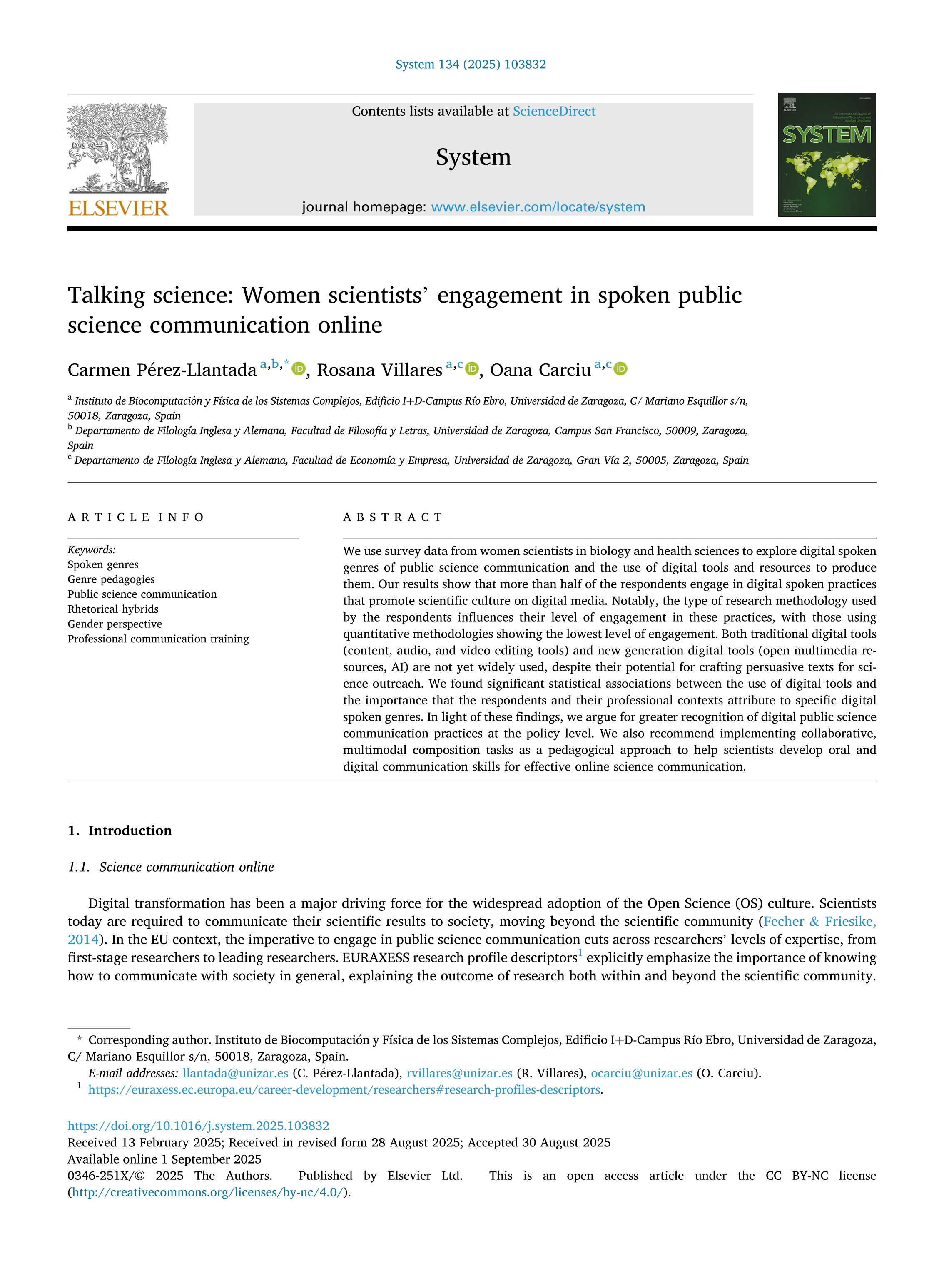 Talking science: Women scientists’ engagement in spoken public science communication online