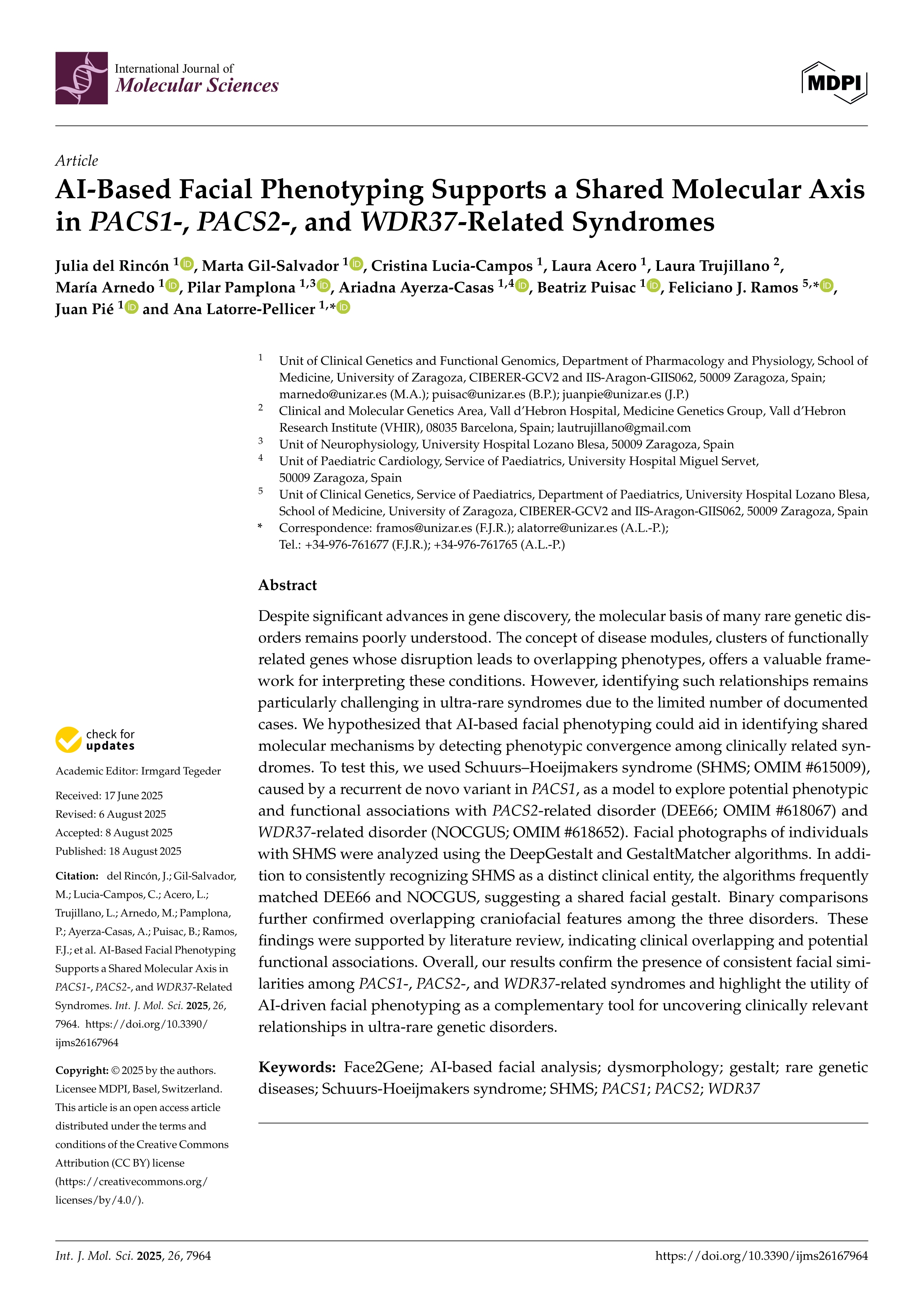 AI-Based Facial Phenotyping Supports a Shared Molecular Axis in PACS1-, PACS2-, and WDR37-Related Syndromes