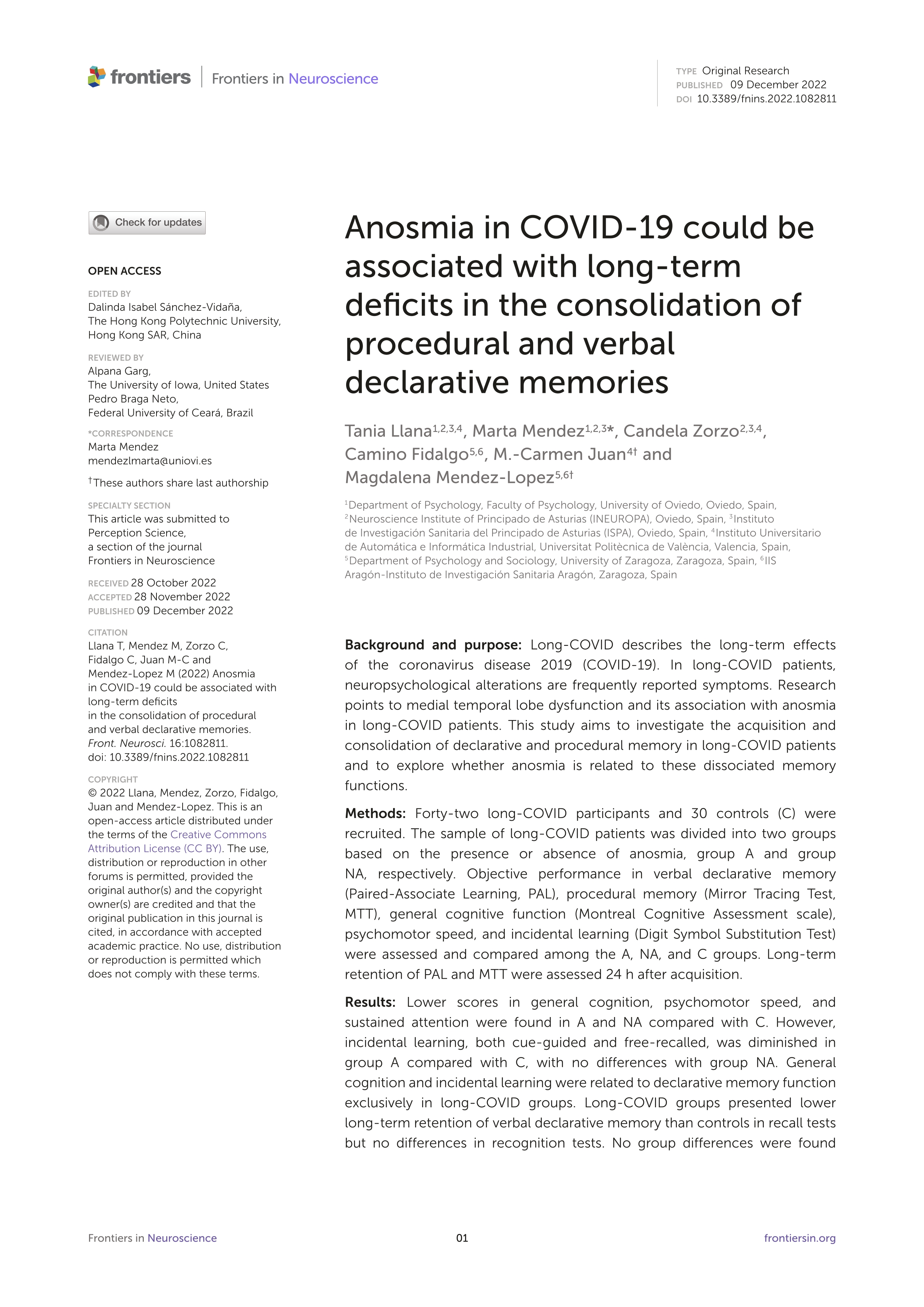 Anosmia in COVID-19 could be associated with long-term deficits in the consolidation of procedural and verbal declarative memories