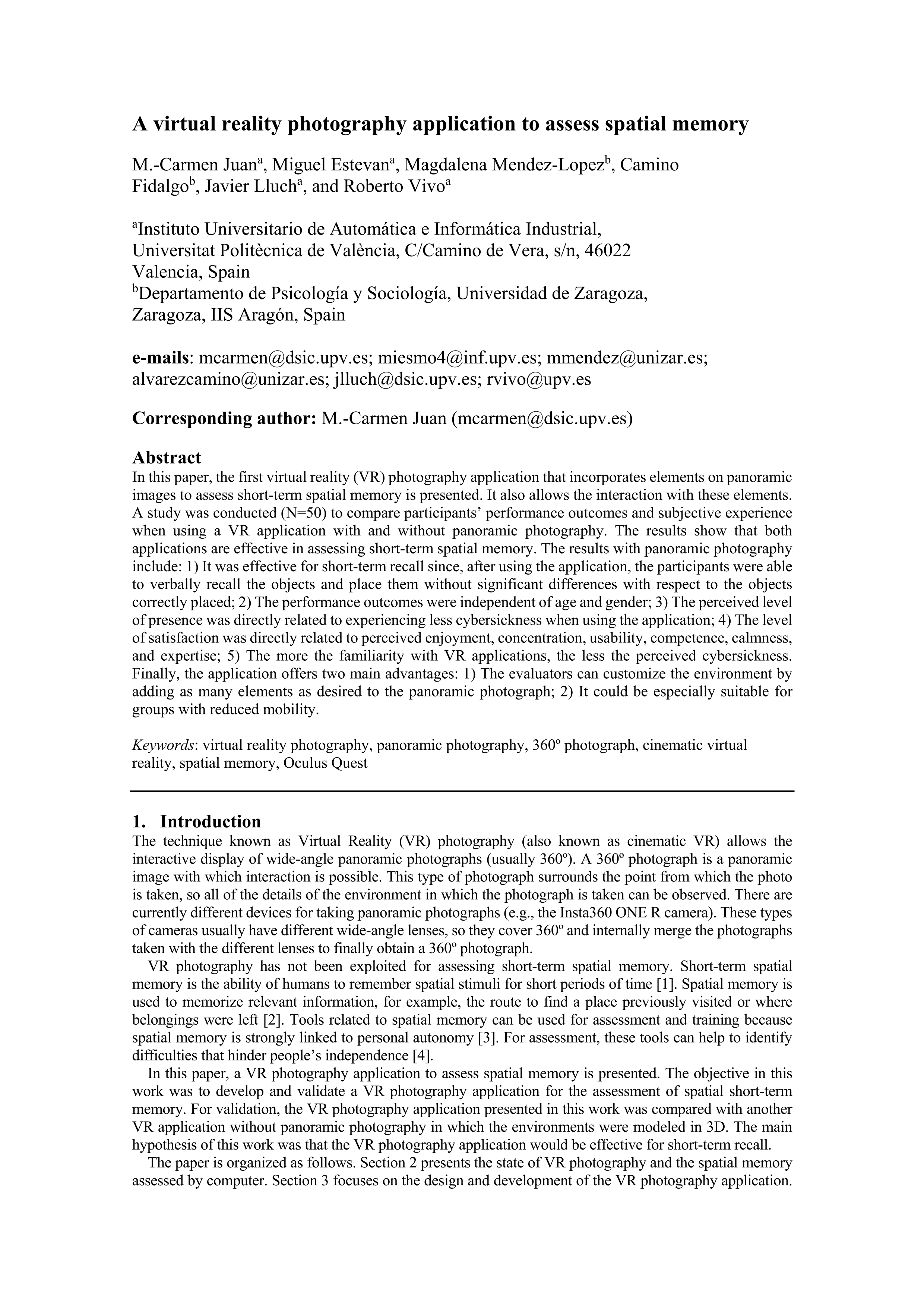 A virtual reality photography application to assess spatial memory