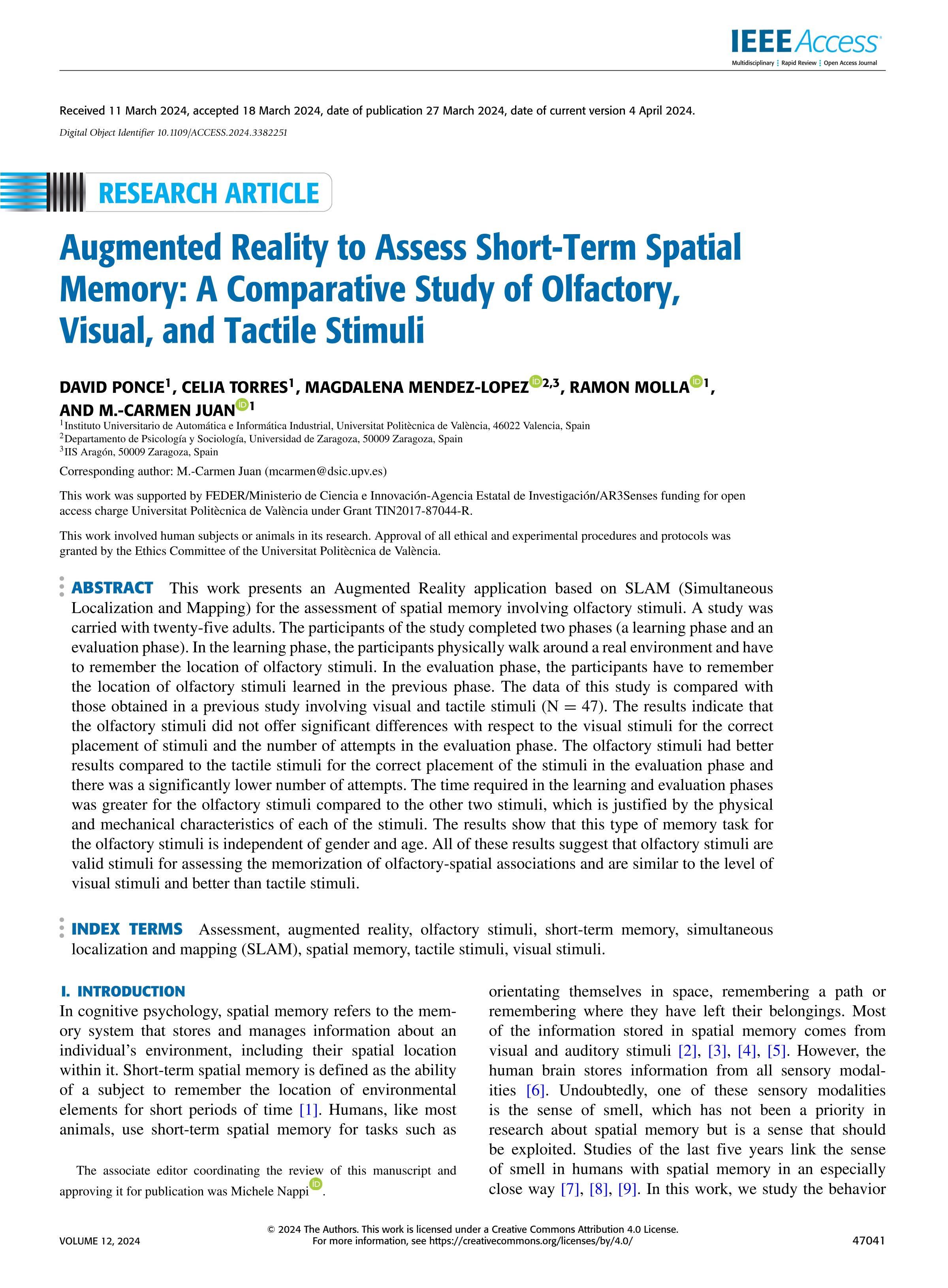 Augmented reality to assess short-term spatial memory: a comparative study of olfactory, visual, and tactile stimuli