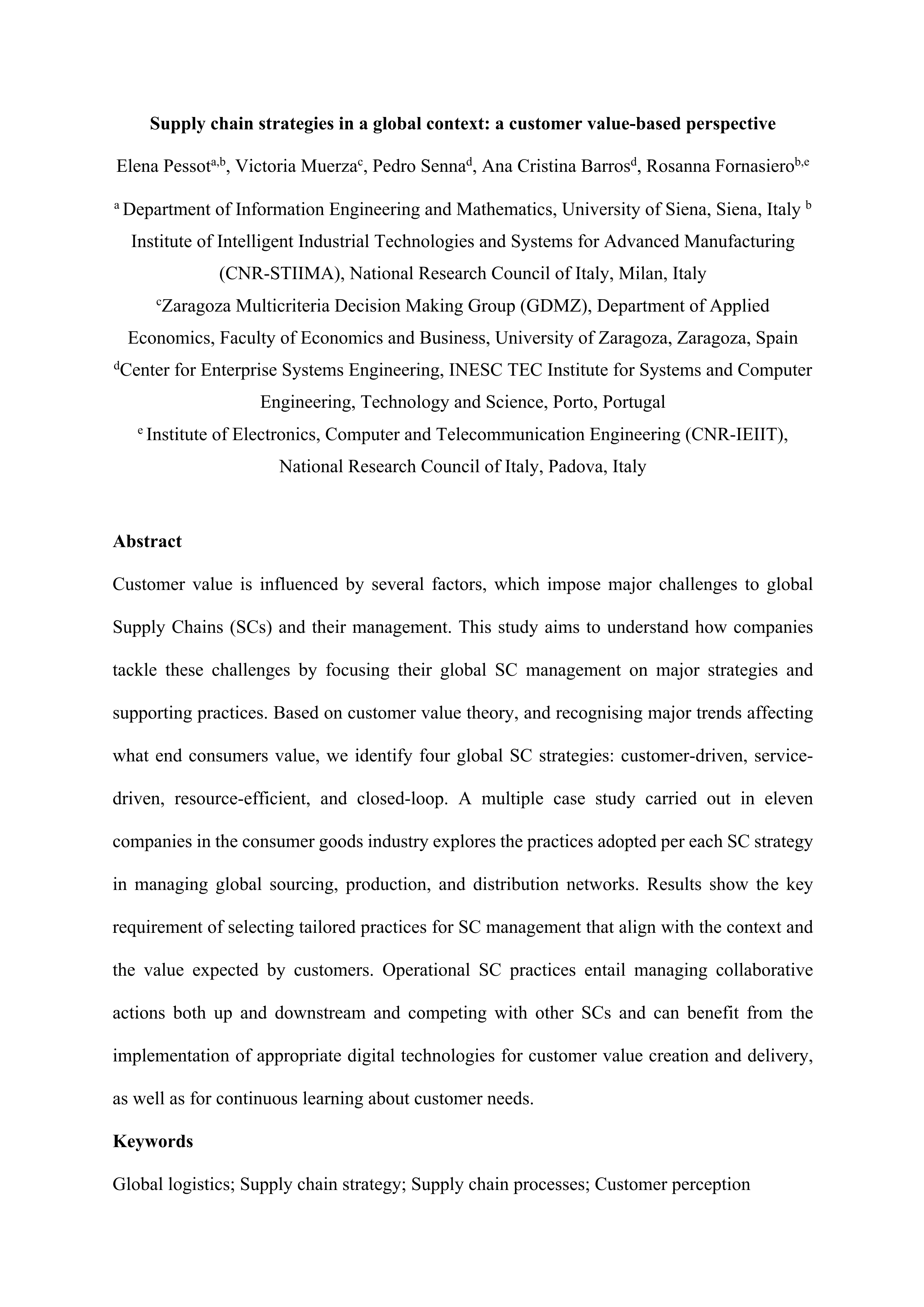 Supply chain strategies in a global context: a customer value-based perspective