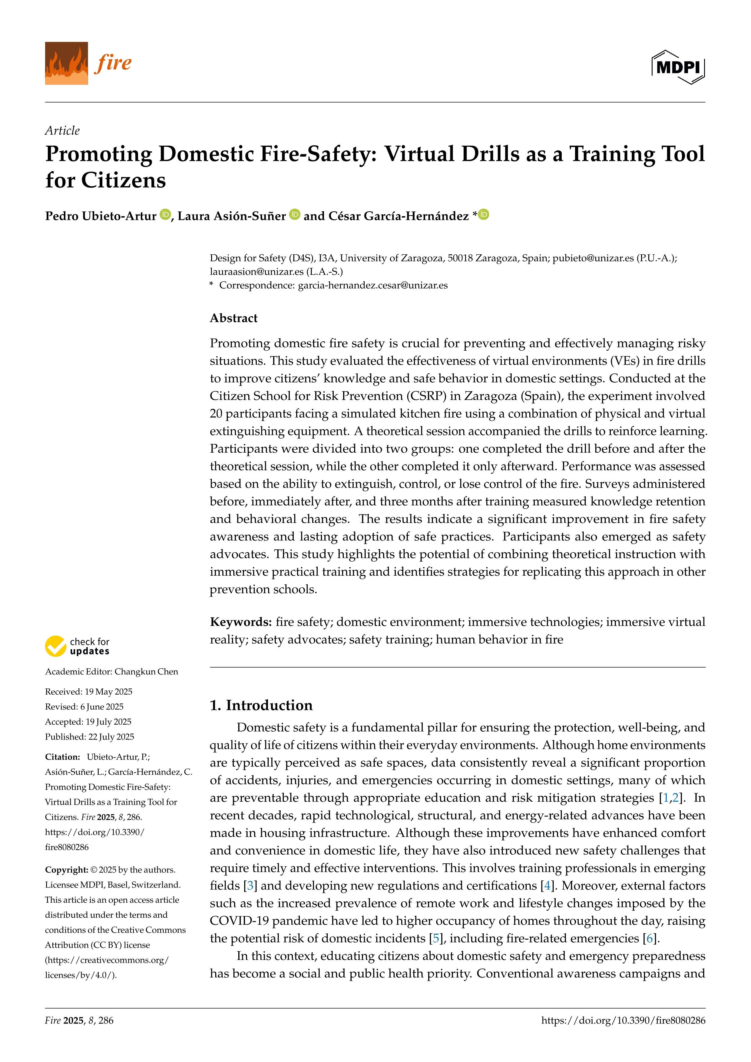 Promoting Domestic Fire-Safety: Virtual Drills as a Training Tool for Citizens