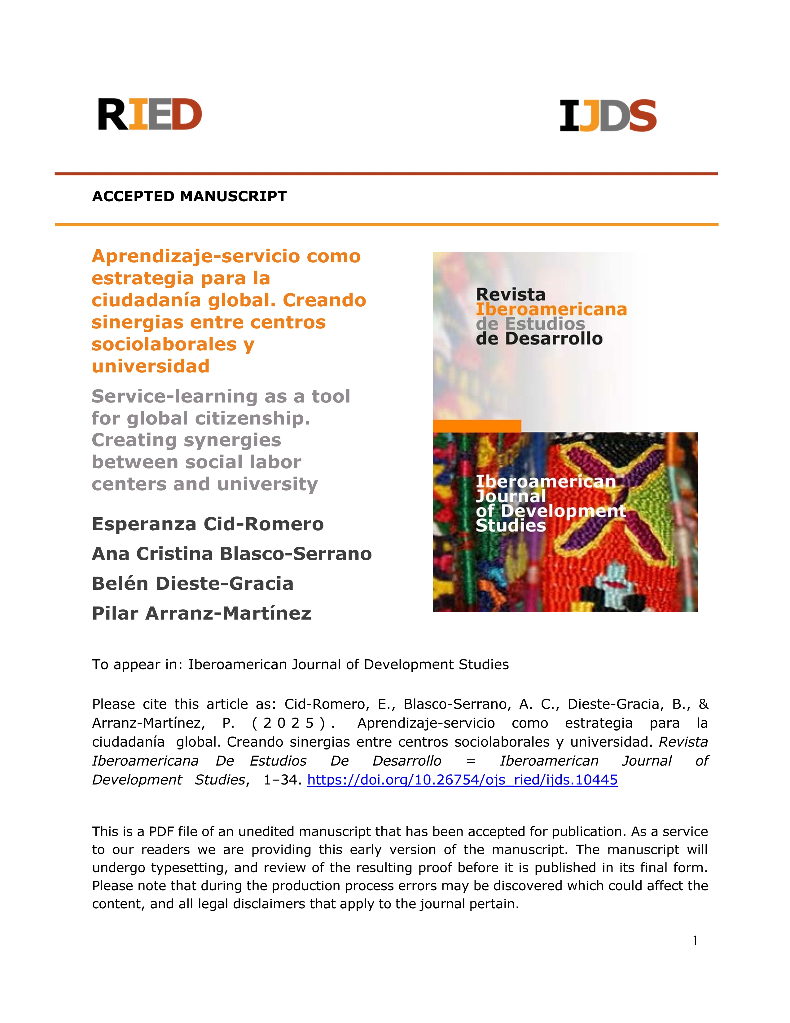 Aprendizaje-servicio como estrategia para la ciudadanía global. Creando sinergias entre centros sociolaborales y universidad