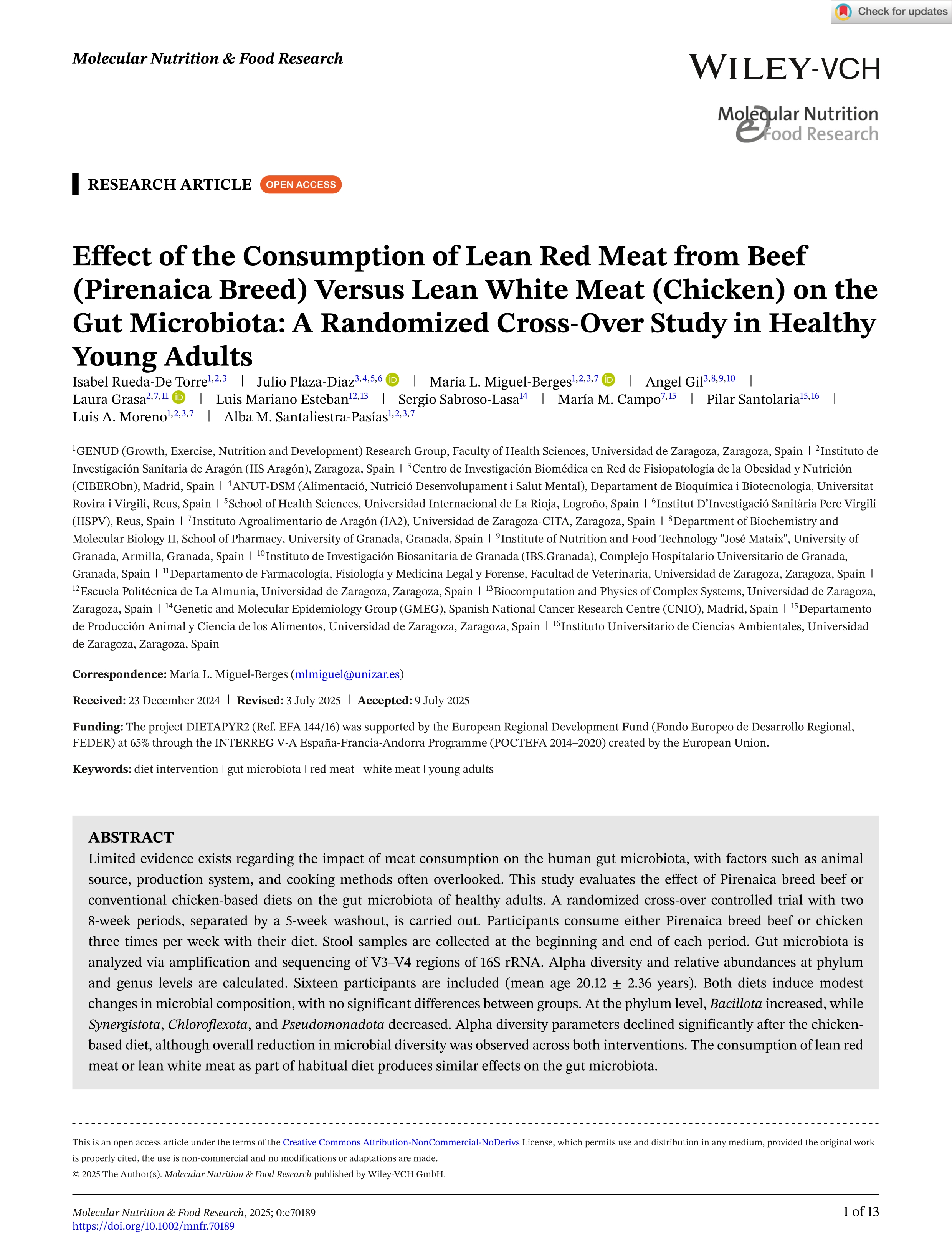 Effect of the Consumption of Lean Red Meat from Beef (Pirenaica Breed) Versus Lean White Meat (Chicken) on the Gut Microbiota: A Randomized Cross‐Over Study in Healthy Young Adults