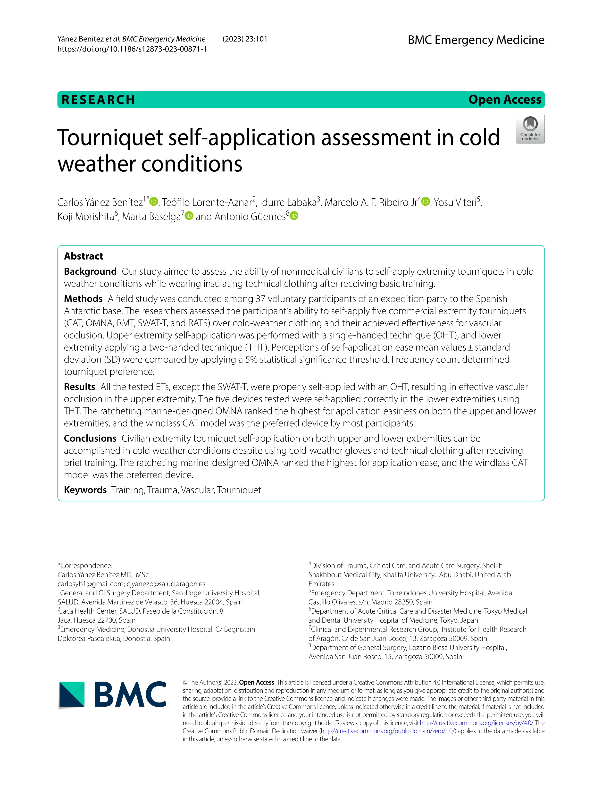Tourniquet self-application assessment in cold weather conditions