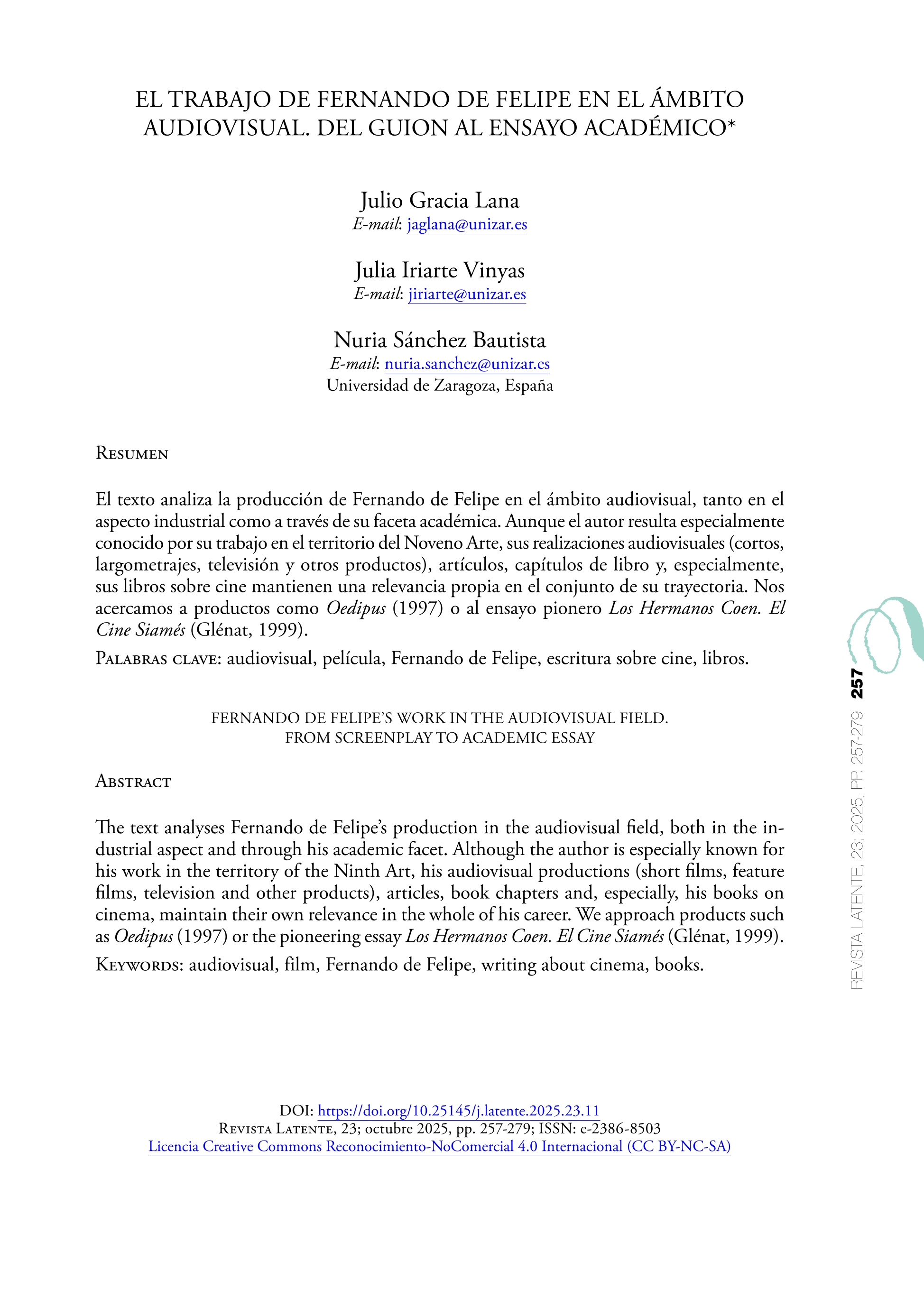 El trabajo de Fernando de Felipe en el ámbito audiovisual. Del guion al ensayo académico