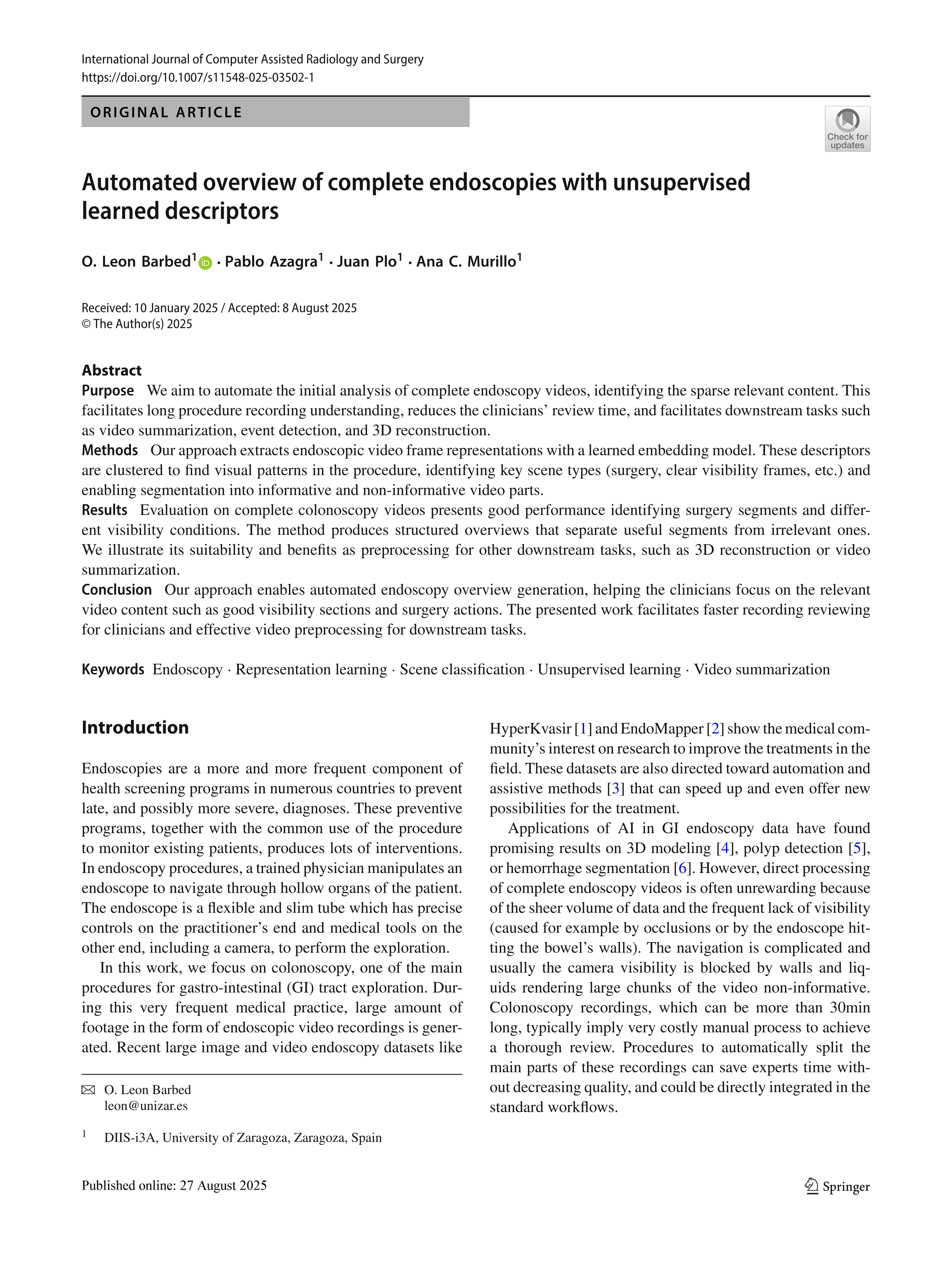 Automated overview of complete endoscopies with unsupervised learned descriptors