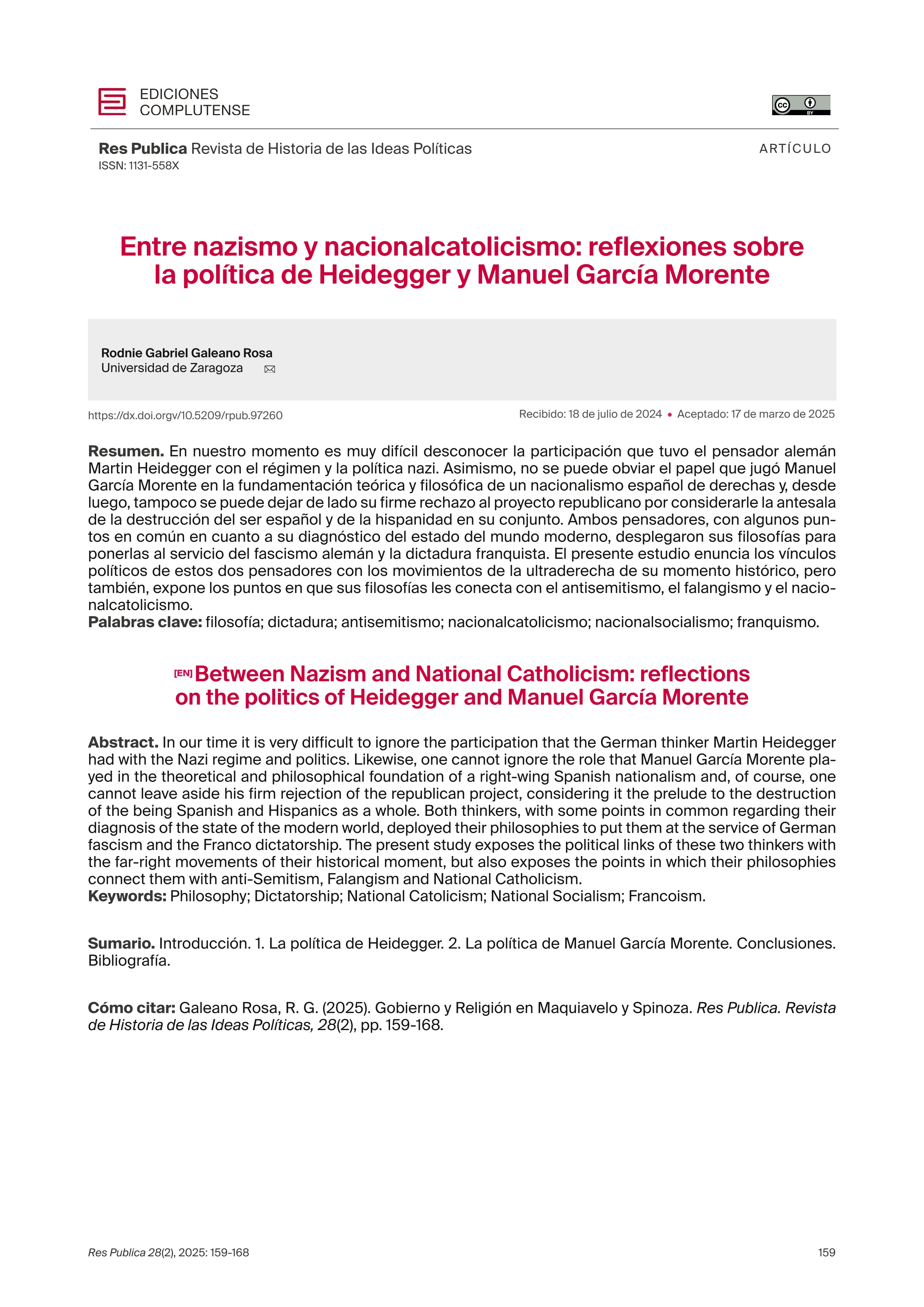 Entre nazismo y nacionalcatolicismo: reflexiones sobre la política de Heidegger y Manuel García Morente
