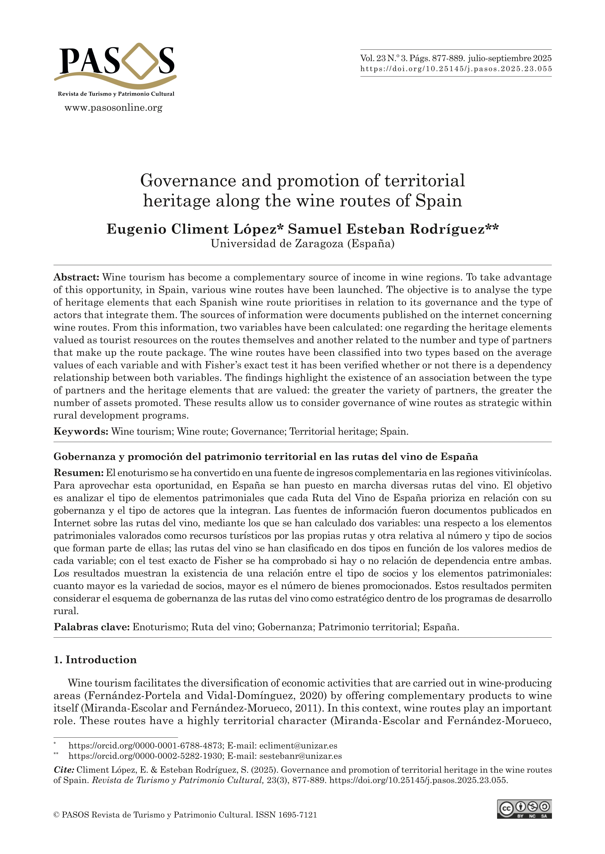 Governance and promotion of territorial heritage along the wine routes of Spain