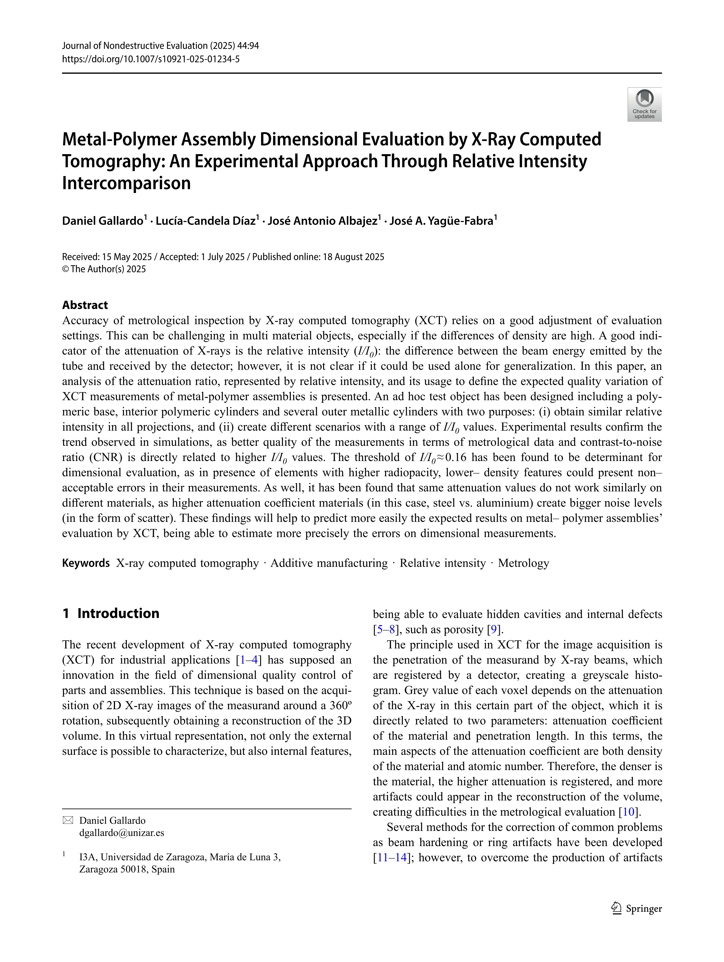 Metal-Polymer Assembly Dimensional Evaluation by X-Ray Computed Tomography: An Experimental Approach Through Relative Intensity Intercomparison