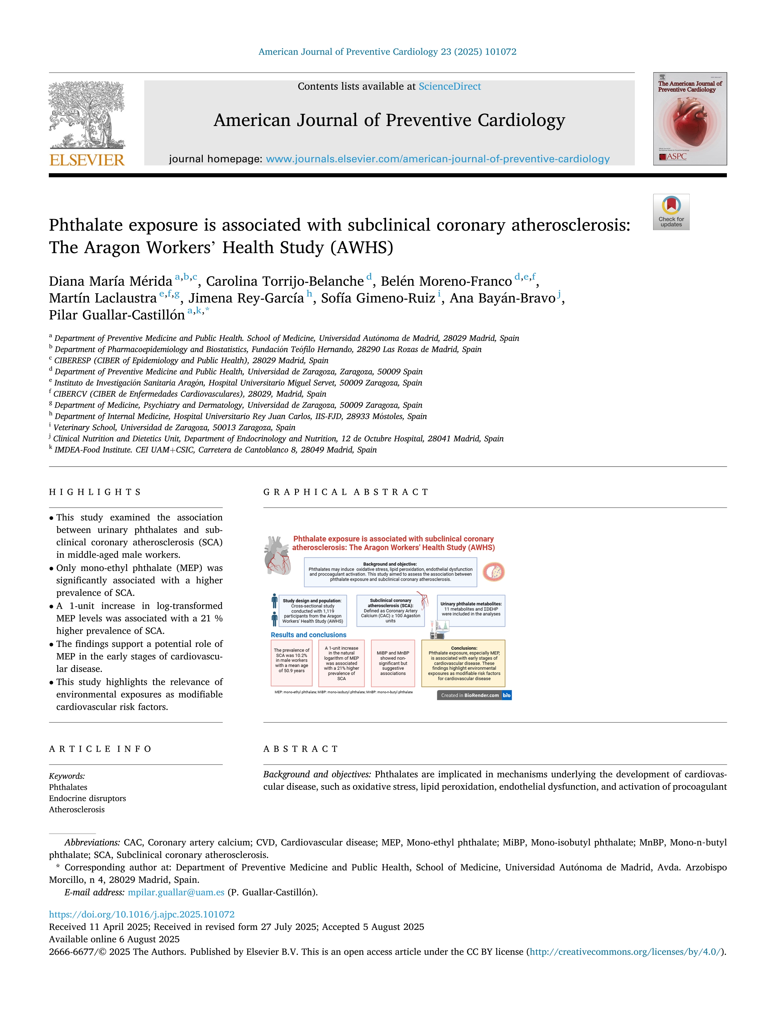 Phthalate exposure is associated with subclinical coronary atherosclerosis: The Aragon Workers' Health Study (AWHS)