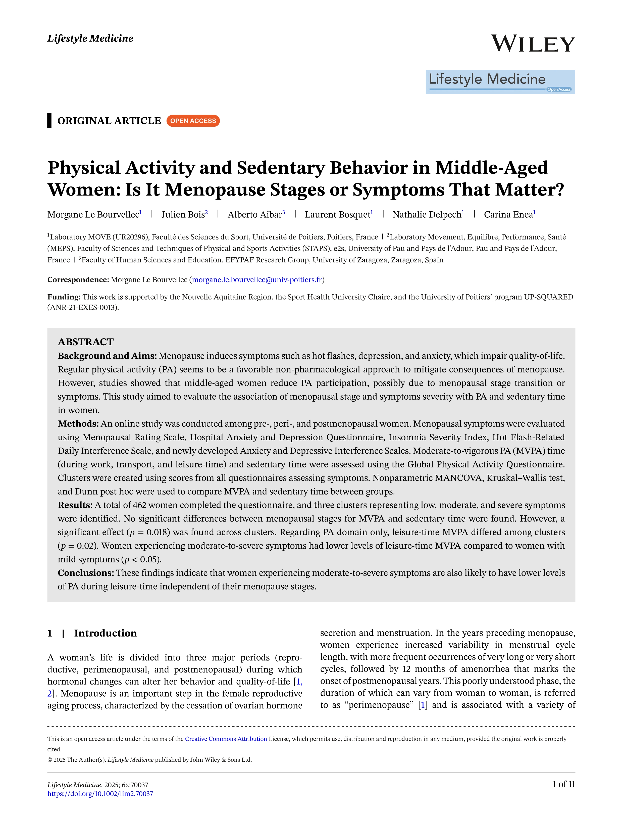 Physical Activity and Sedentary Behavior in Middle‐Aged Women: Is It Menopause Stages or Symptoms That Matter?
