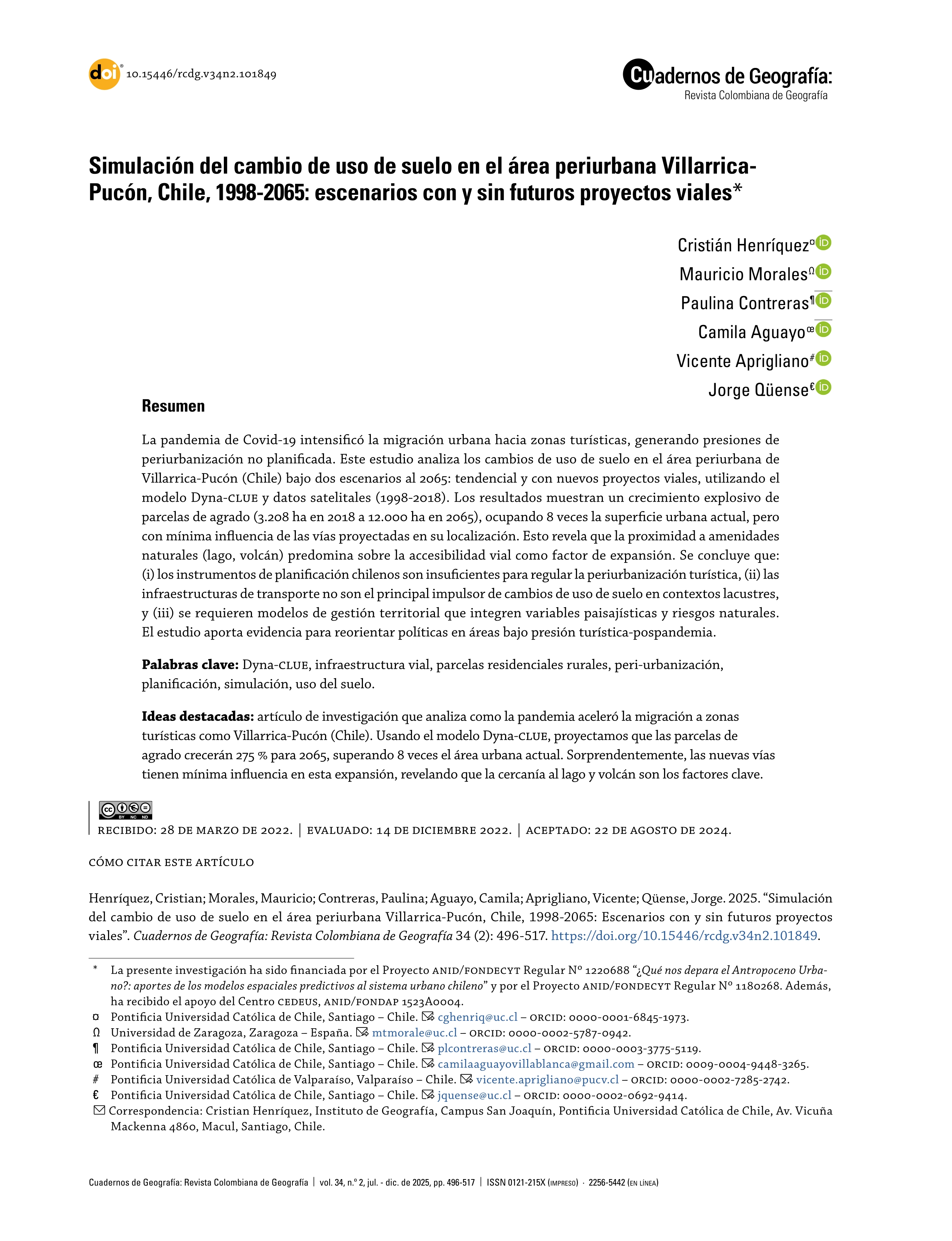 Simulación del cambio de uso de suelo en el área periurbana Villarrica-Pucón, Chile, 1998-2065: escenarios con y sin futuros proyectos viales