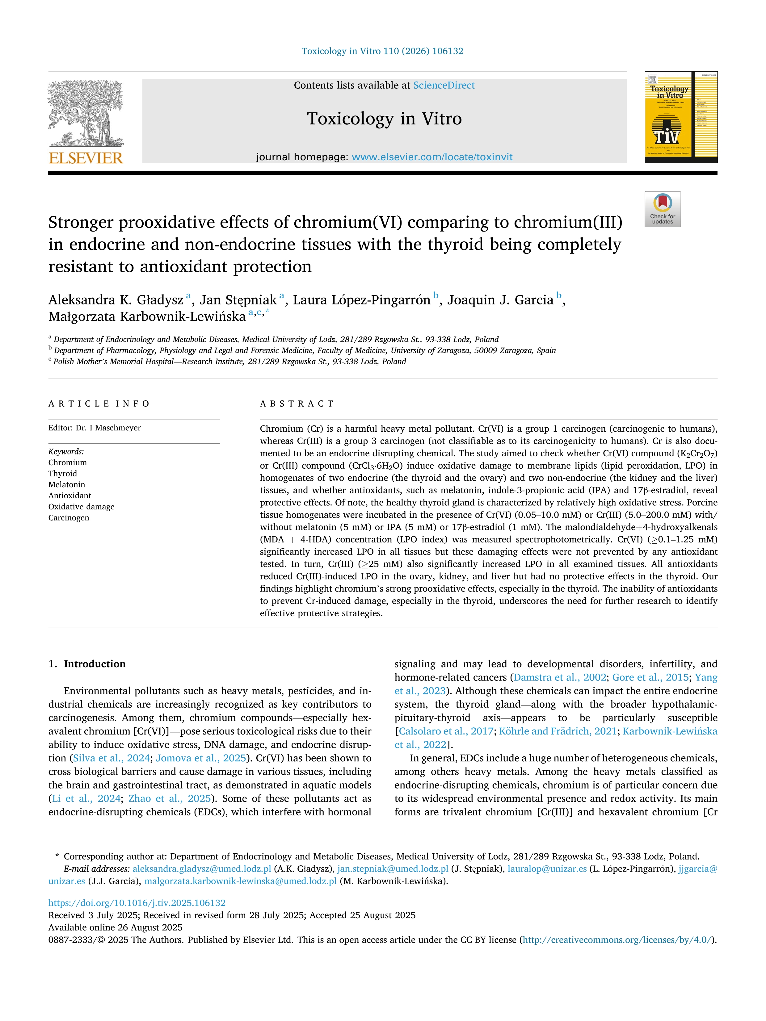 Stronger prooxidative effects of chromium(VI) comparing to chromium(III) in endocrine and non-endocrine tissues with the thyroid being completely resistant to antioxidant protection