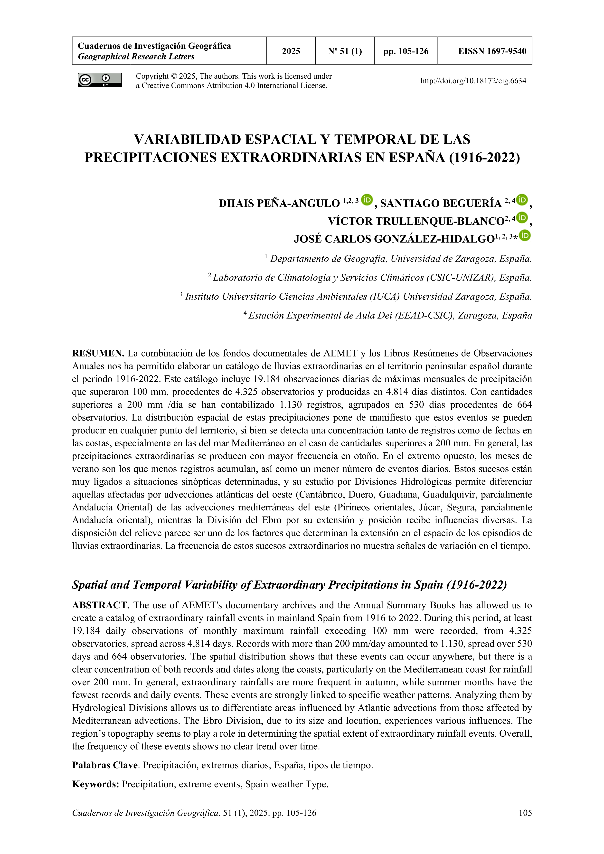Variabilidad espacial y temporal de las precipitaciones extraordinarias en España (1916-2022)