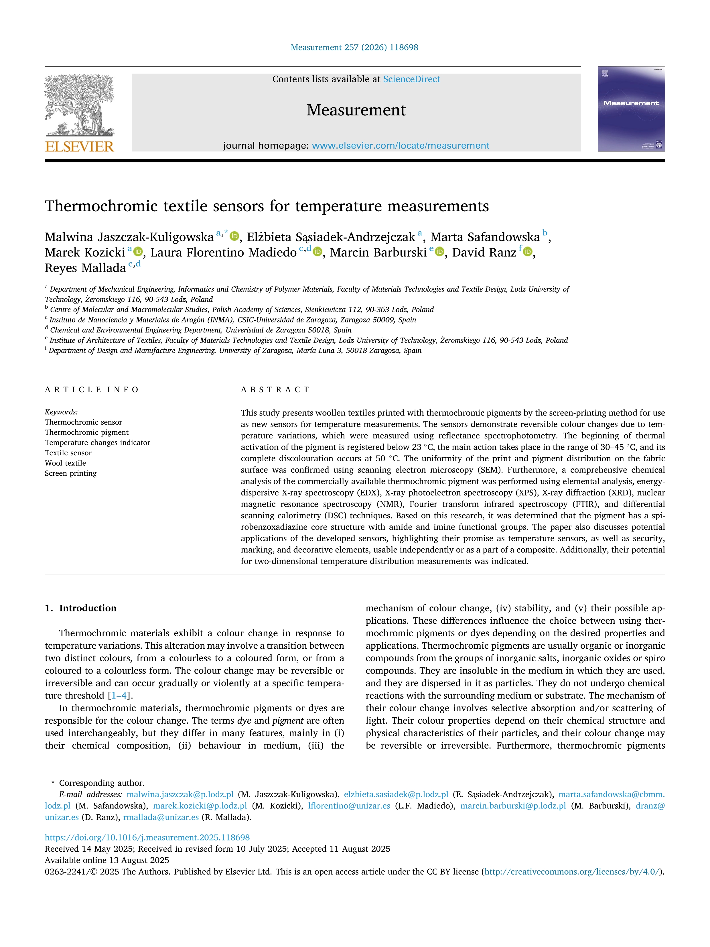 Thermochromic textile sensors for temperature measurements