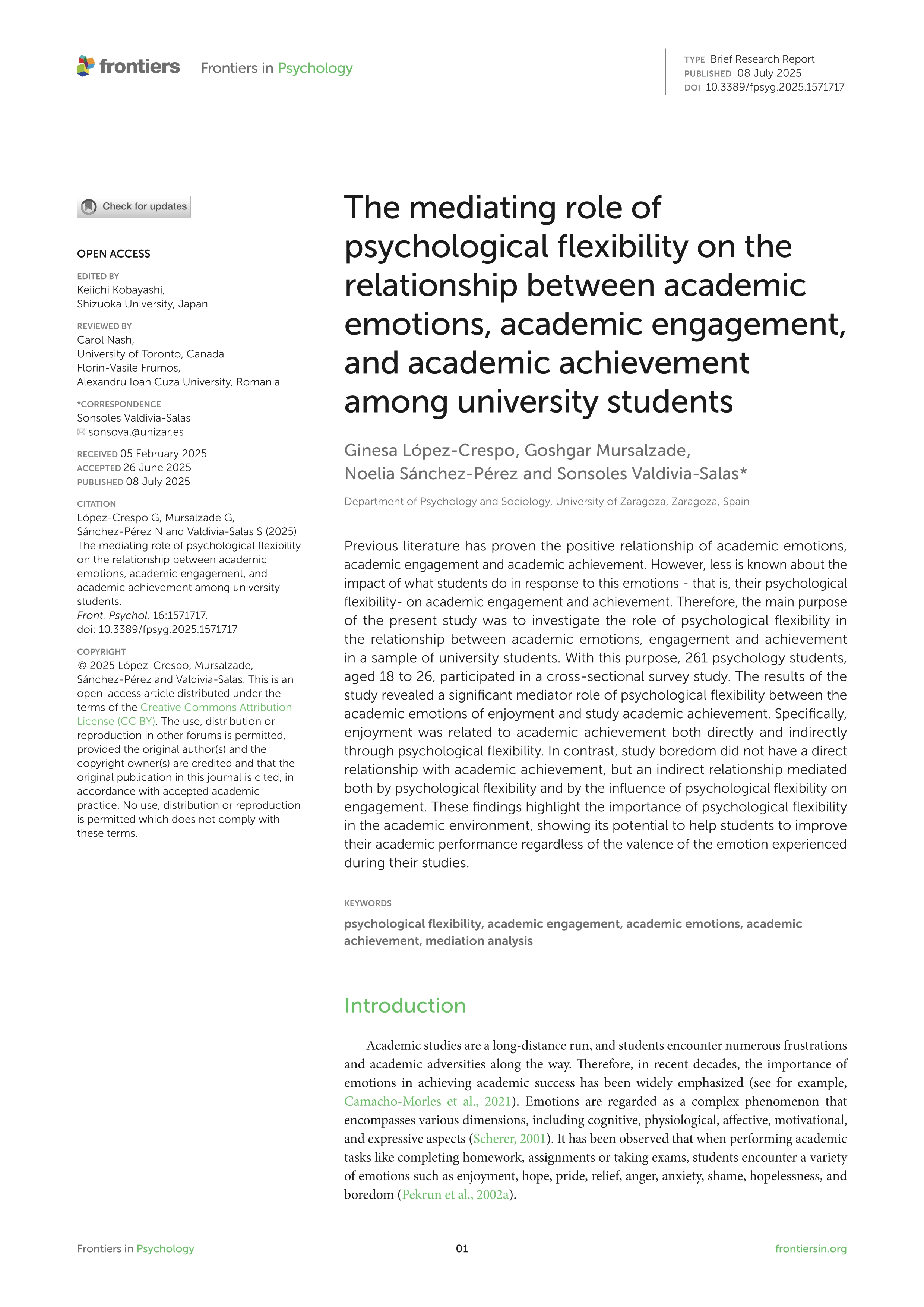 The mediating role of psychological flexibility on the relationship between academic emotions, academic engagement, and academic achievement among university students