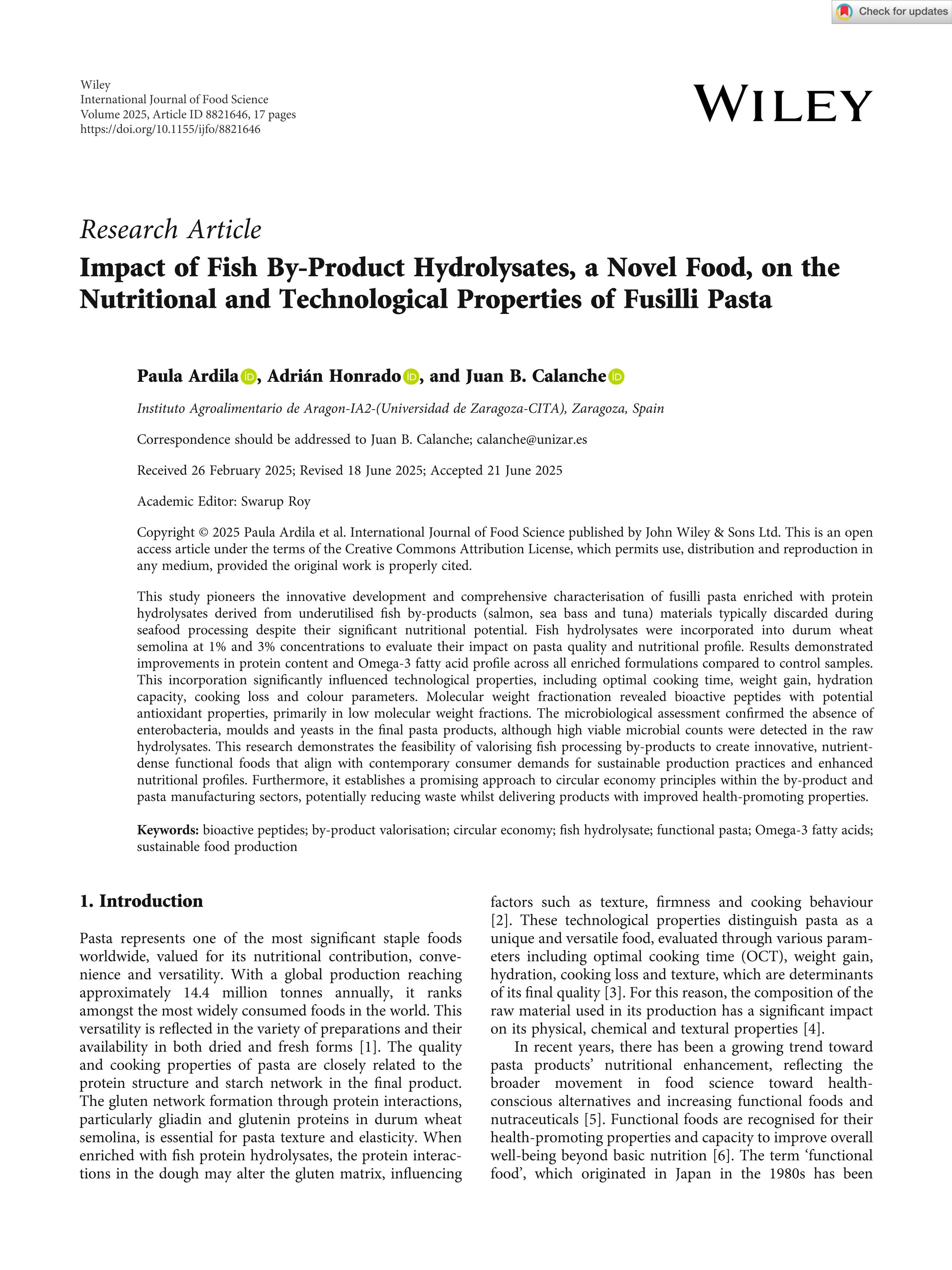 Impact of Fish By‐Product Hydrolysates, a Novel Food, on the Nutritional and Technological Properties of Fusilli Pasta