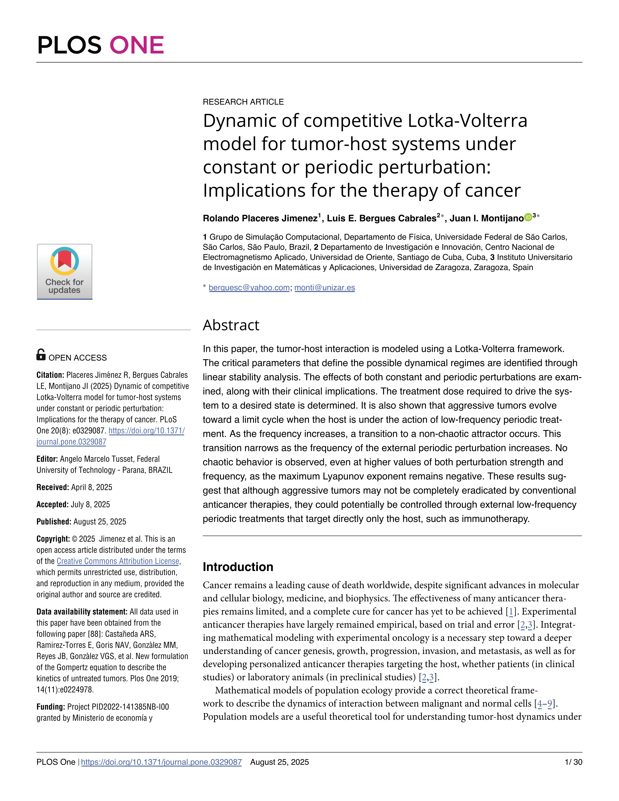 Dynamic of competitive Lotka-Volterra model for tumor-host systems under constant or periodic perturbation: Implications for the therapy of cancer