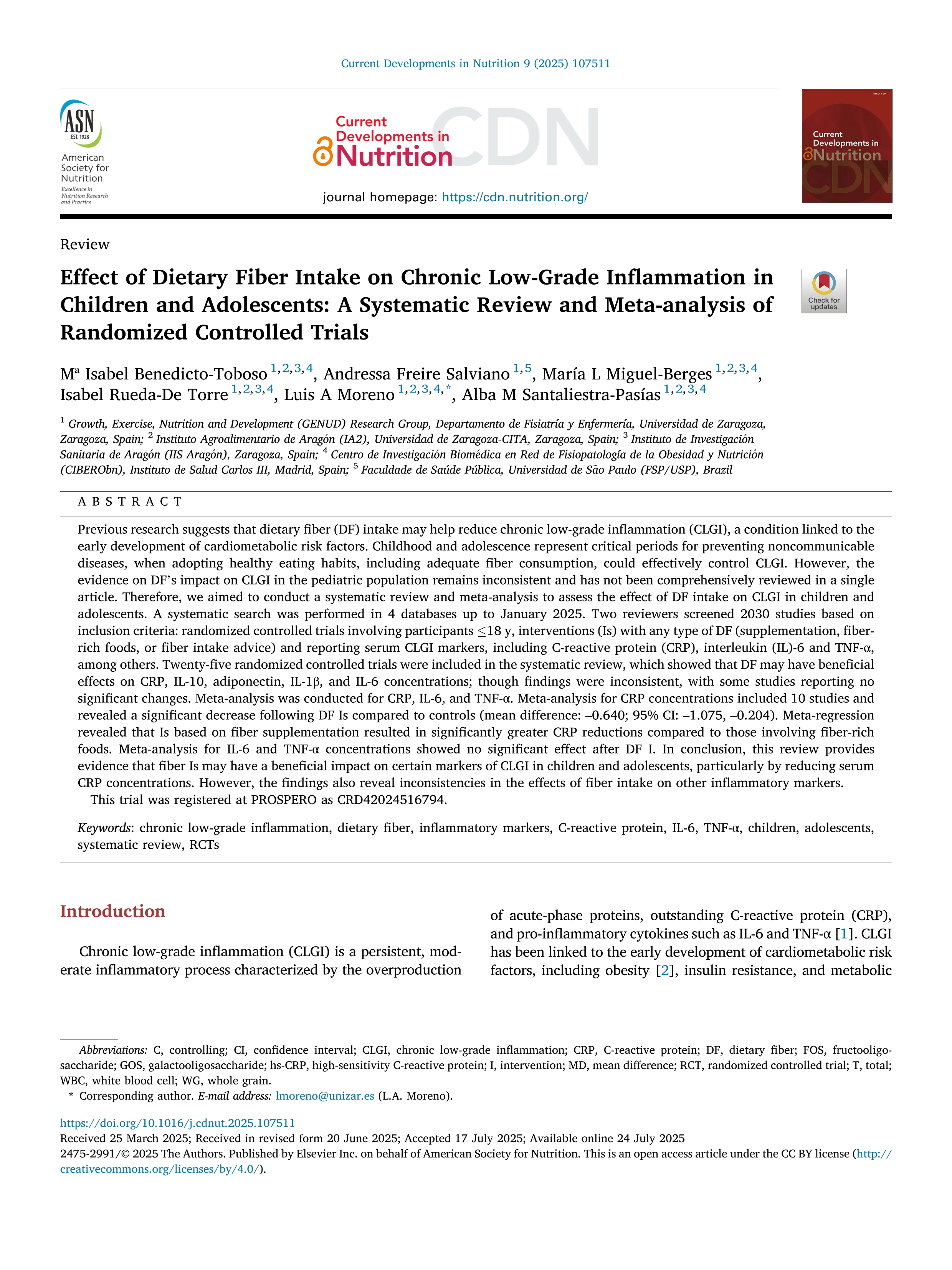 Effect of Dietary Fiber Intake on Chronic Low-Grade Inflammation in Children and Adolescents: A Systematic Review and Meta-analysis of Randomized Controlled Trials