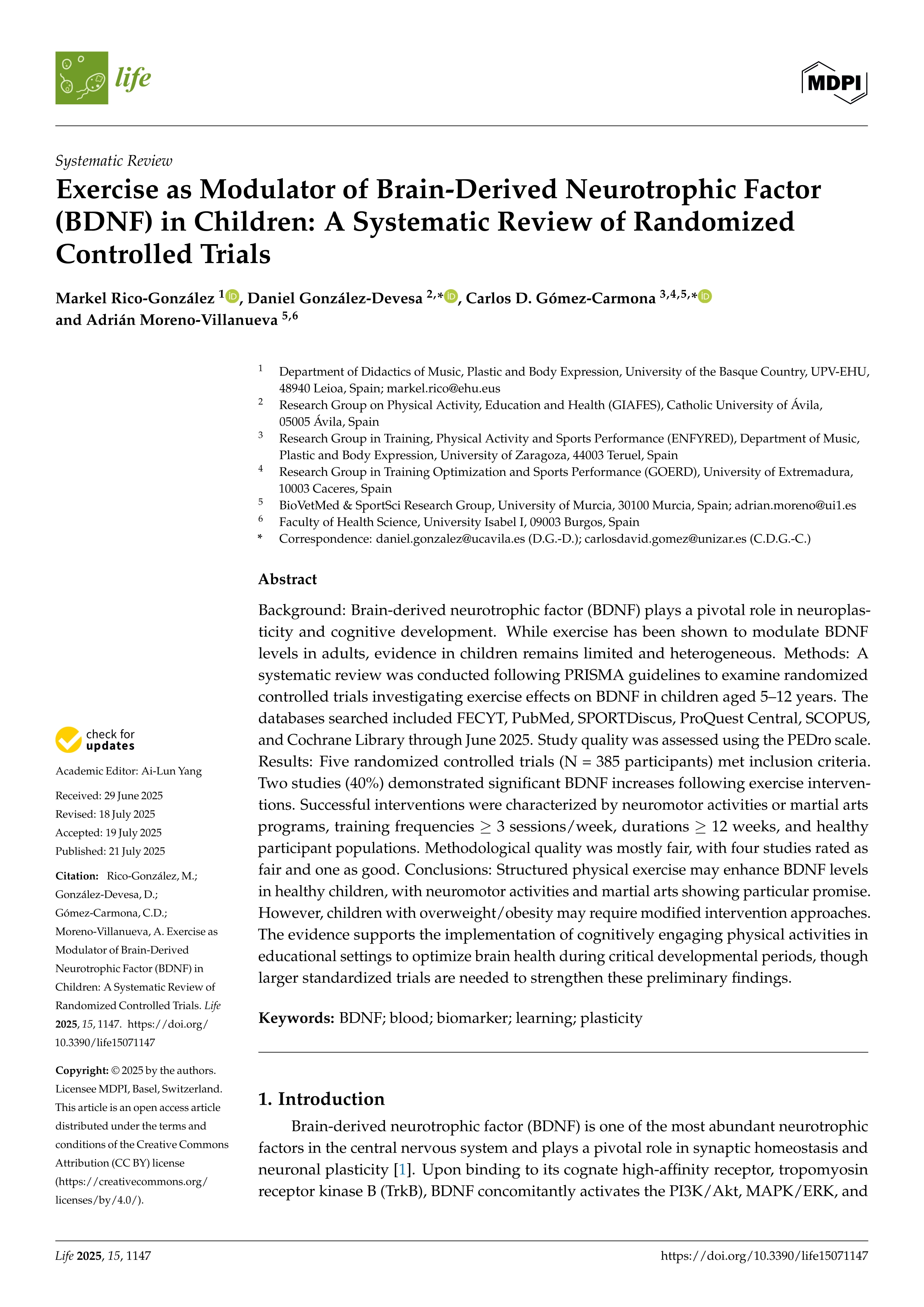 Exercise as Modulator of Brain-Derived Neurotrophic Factor (BDNF) in Children: A Systematic Review of Randomized Controlled Trials