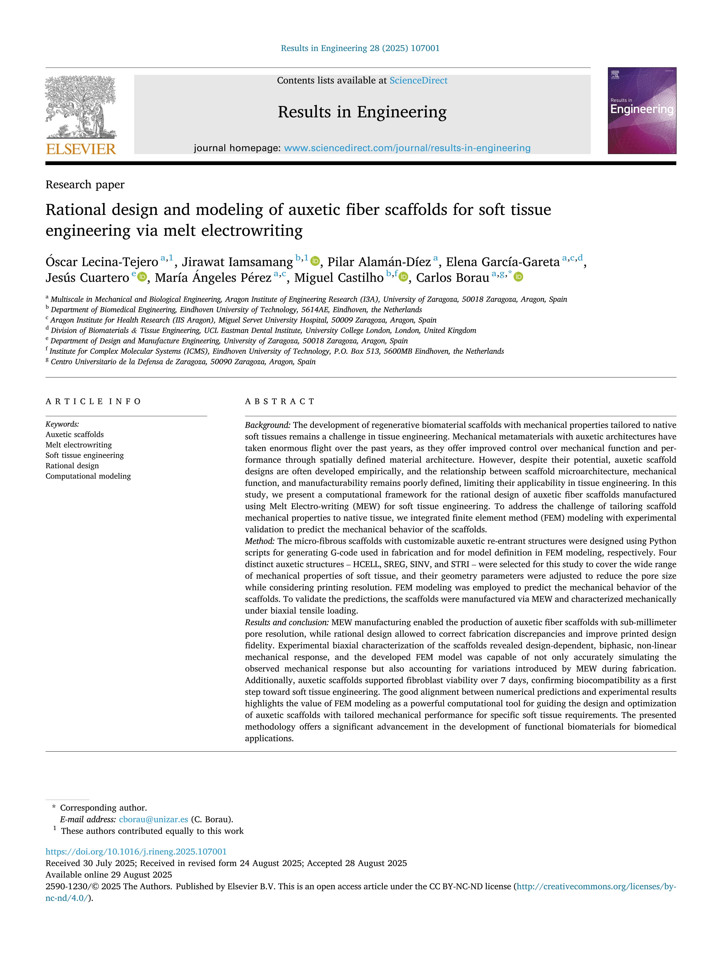 Rational design and modeling of auxetic fiber scaffolds for soft tissue engineering via melt electrowriting