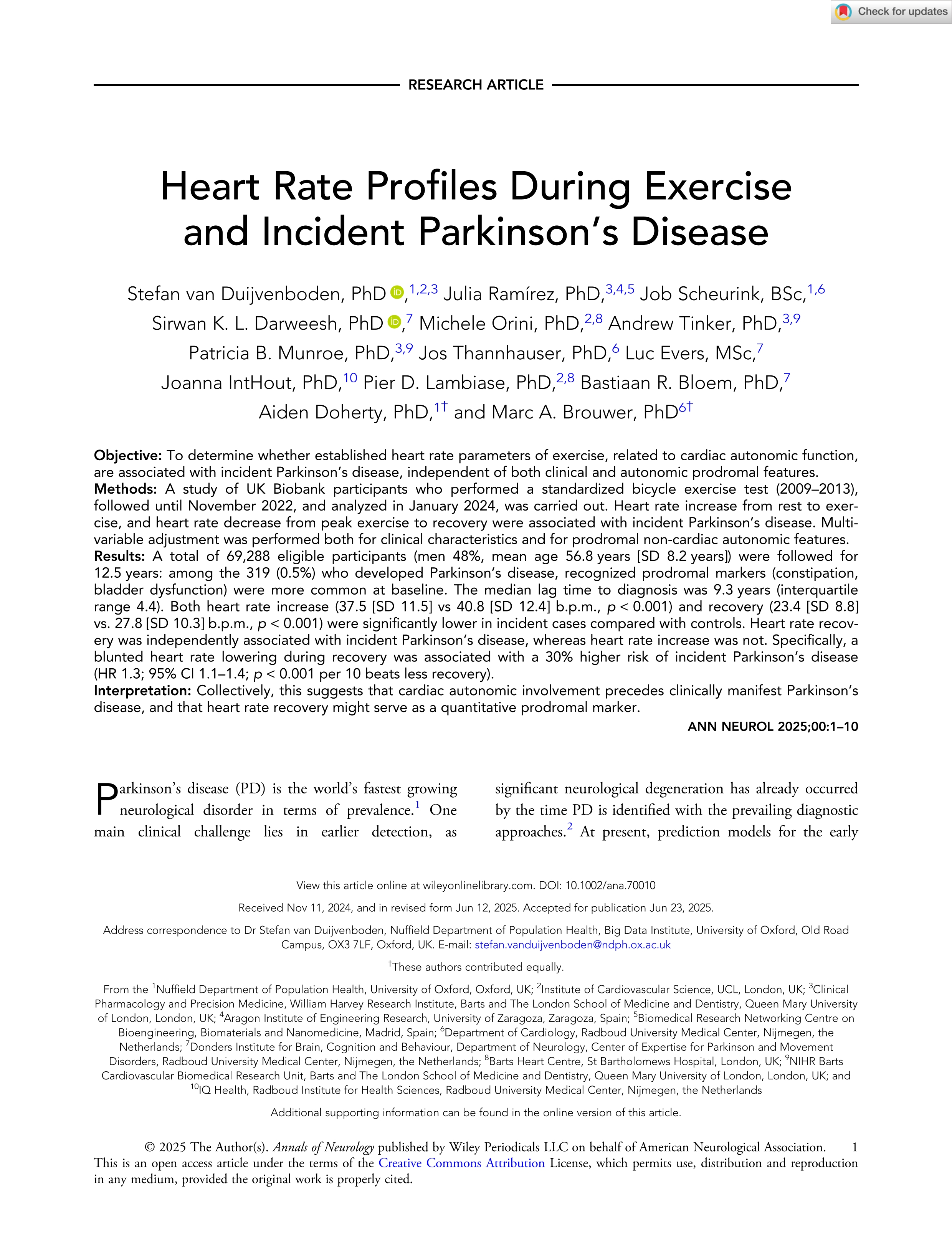 Heart Rate Profiles During Exercise and Incident Parkinson's Disease
