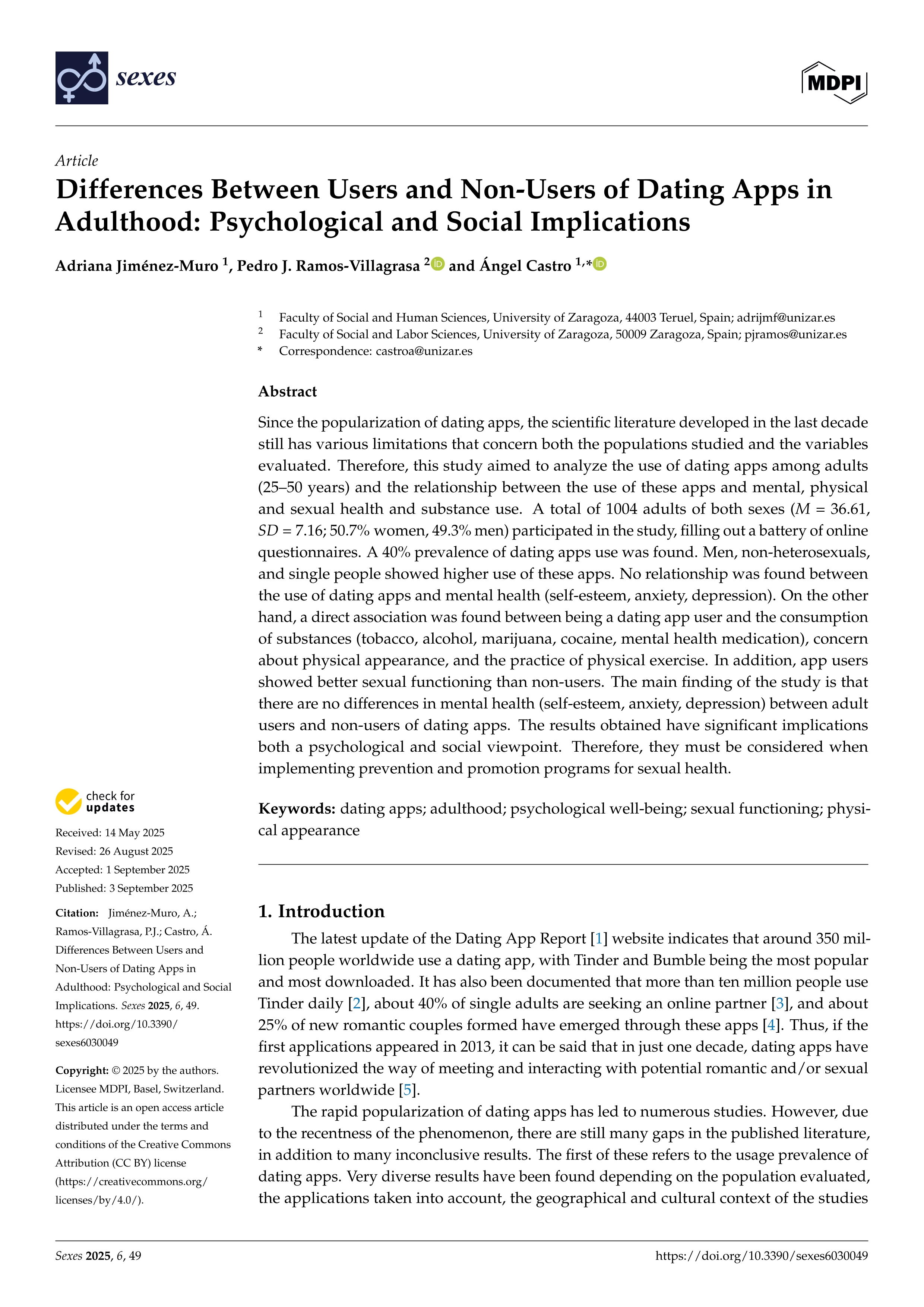 Differences Between Users and Non-Users of Dating Apps in Adulthood: Psychological and Social Implications