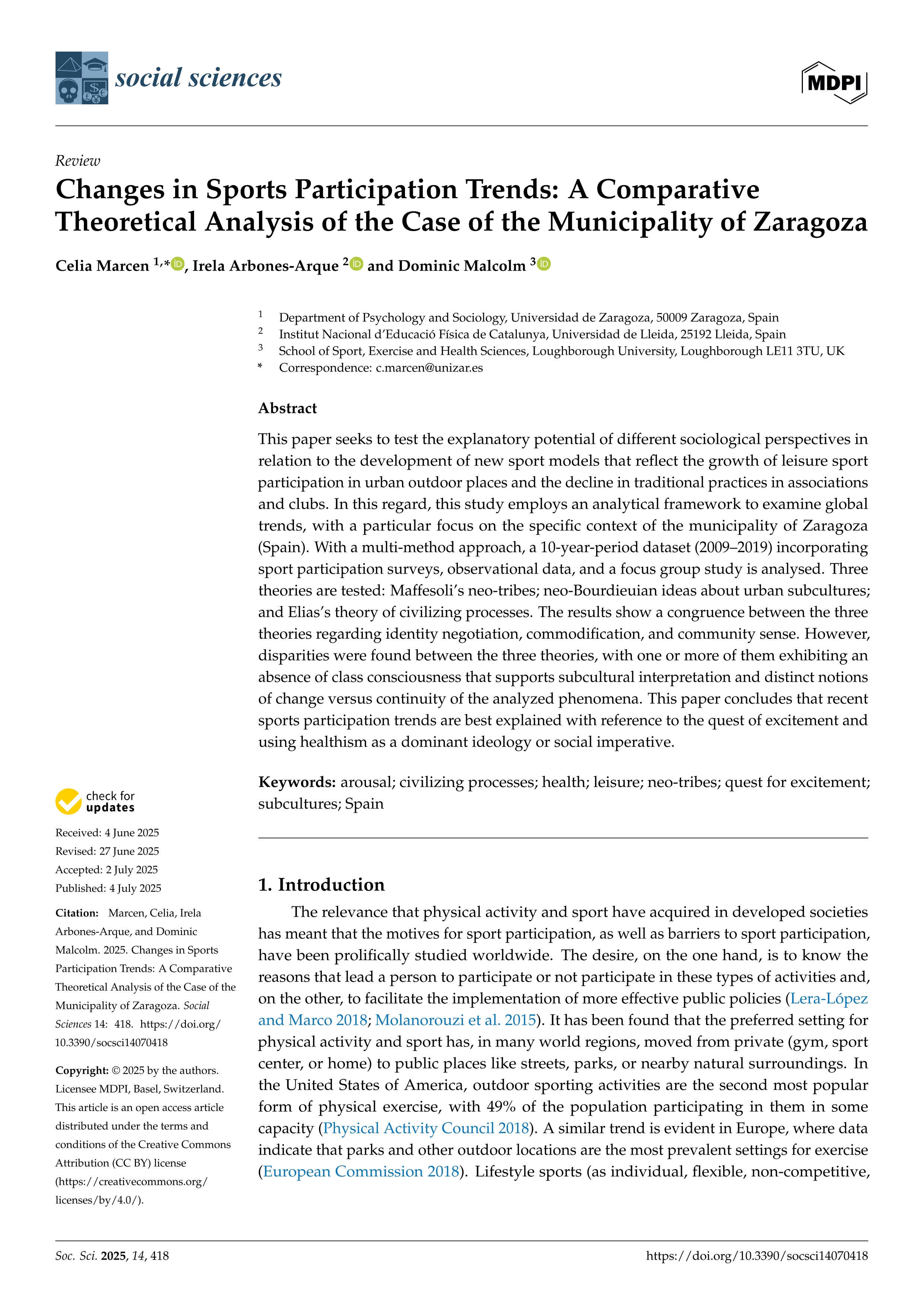 Changes in Sports Participation Trends: A Comparative Theoretical Analysis of the Case of the Municipality of Zaragoza