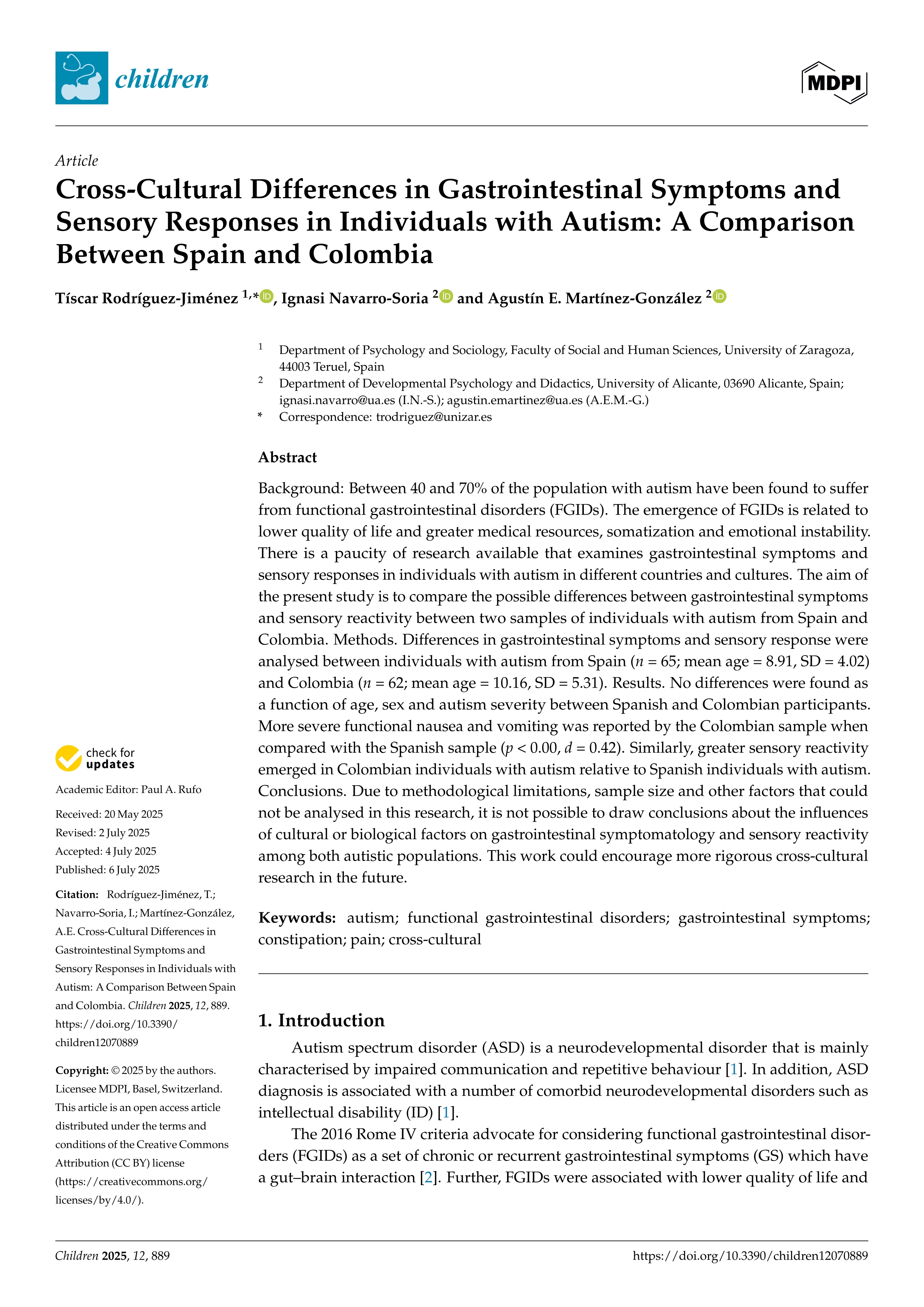 Cross-Cultural Differences in Gastrointestinal Symptoms and Sensory Responses in Individuals with Autism: A Comparison Between Spain and Colombia