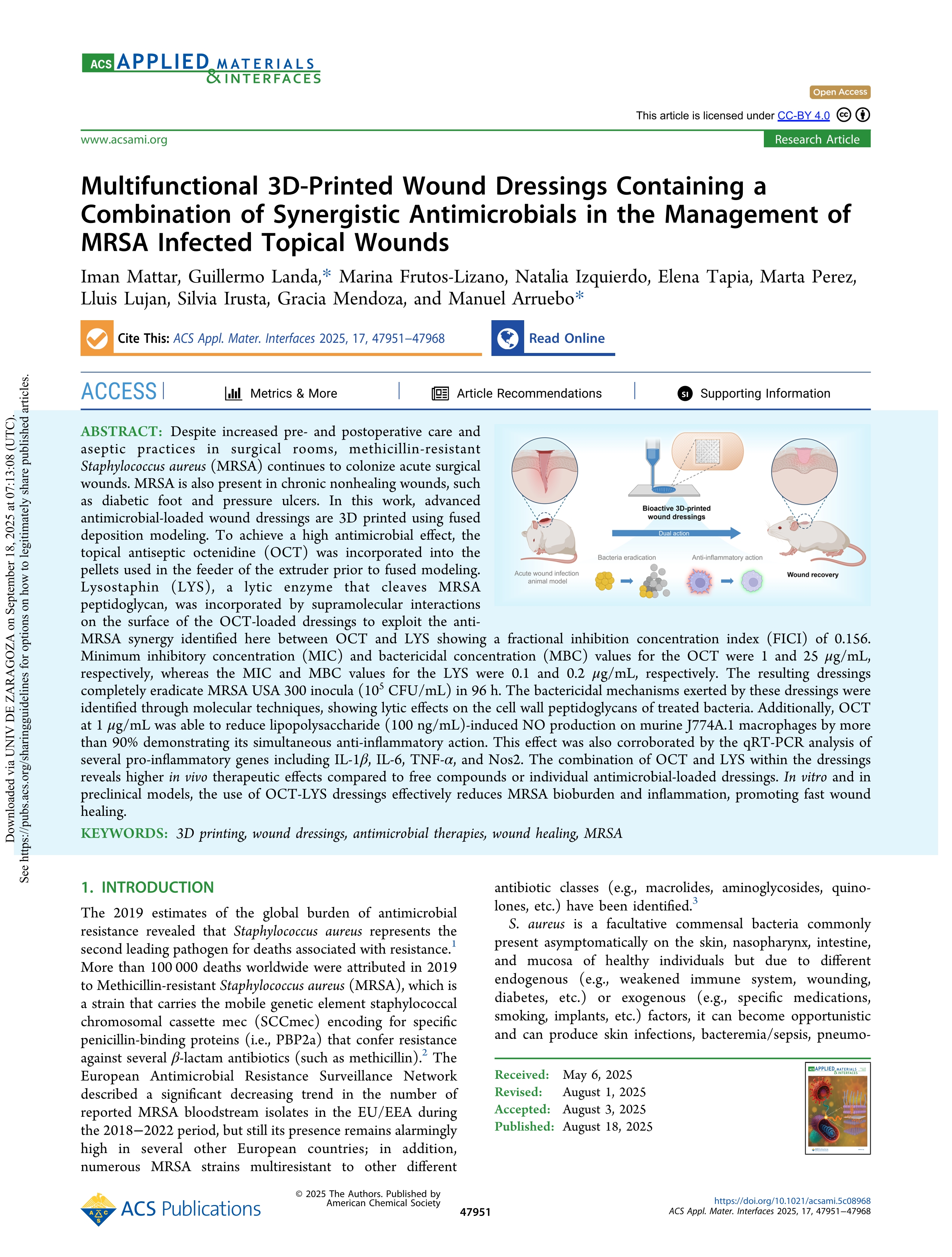 Multifunctional 3D-Printed Wound Dressings Containing a Combination of Synergistic Antimicrobials in the Management of MRSA Infected Topical Wounds