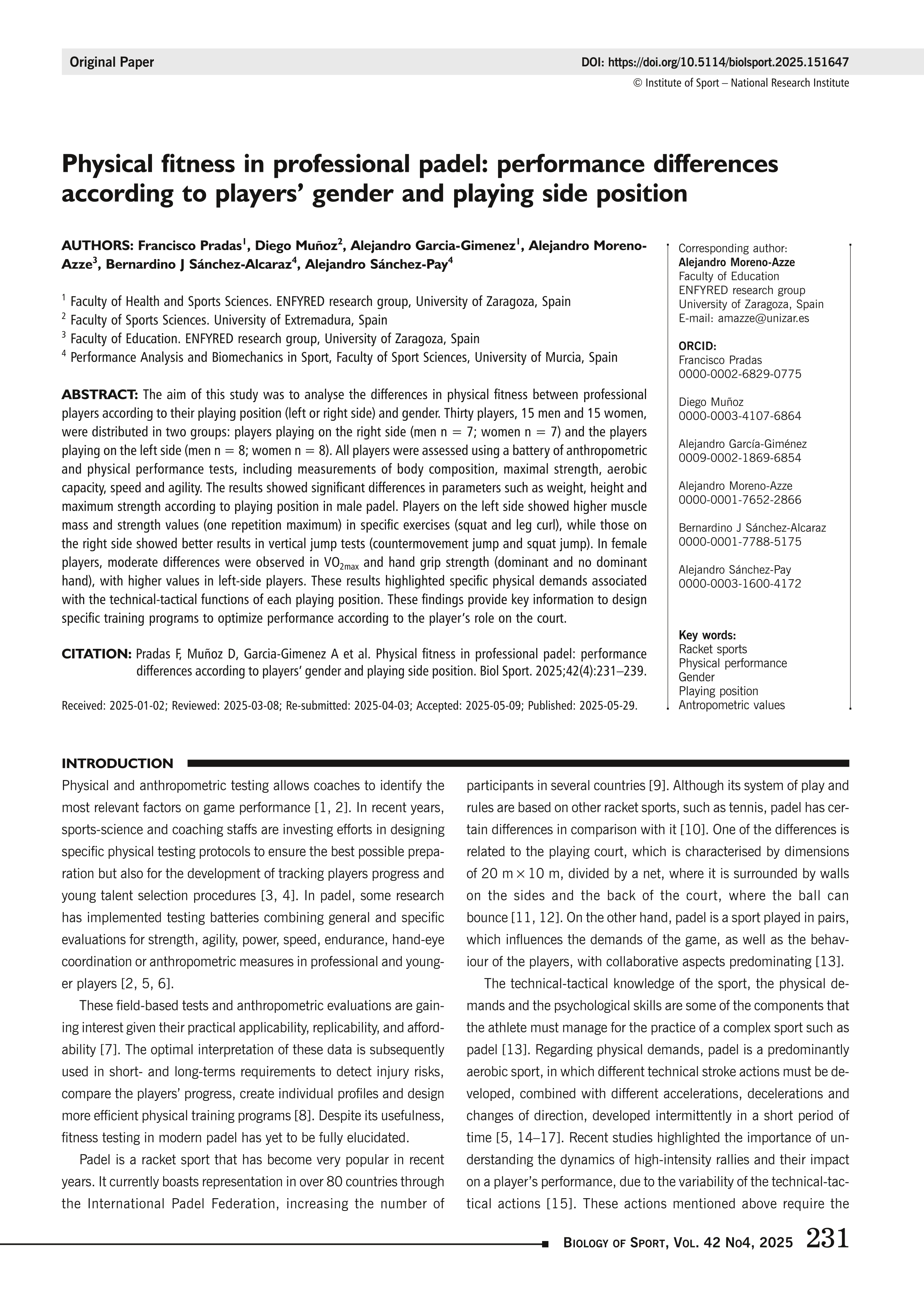 Physical fitness in professional padel: performance differences according to players’ gender and playing side position