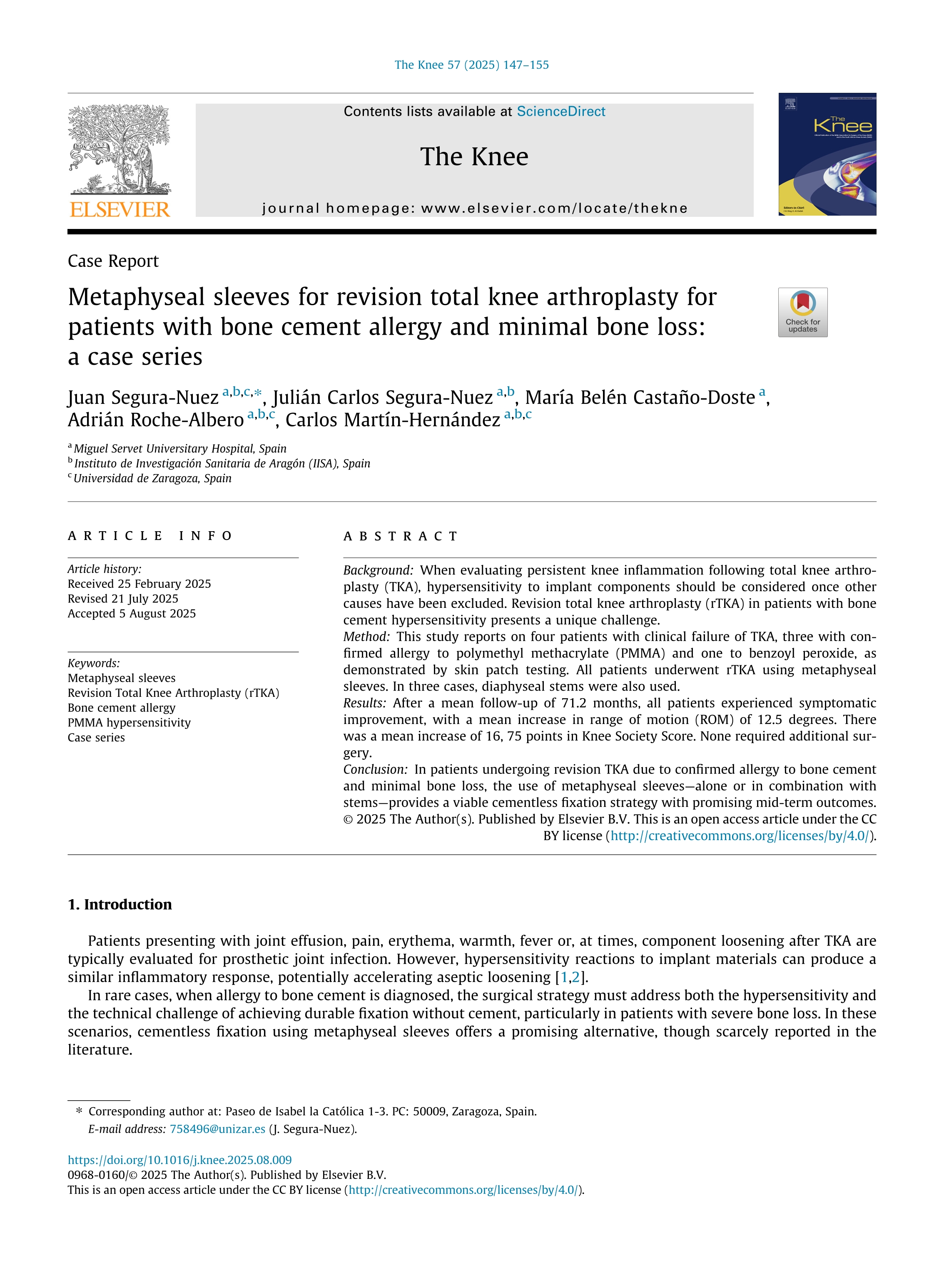 Metaphyseal sleeves for revision total knee arthroplasty for patients with bone cement allergy and minimal bone loss: a case series