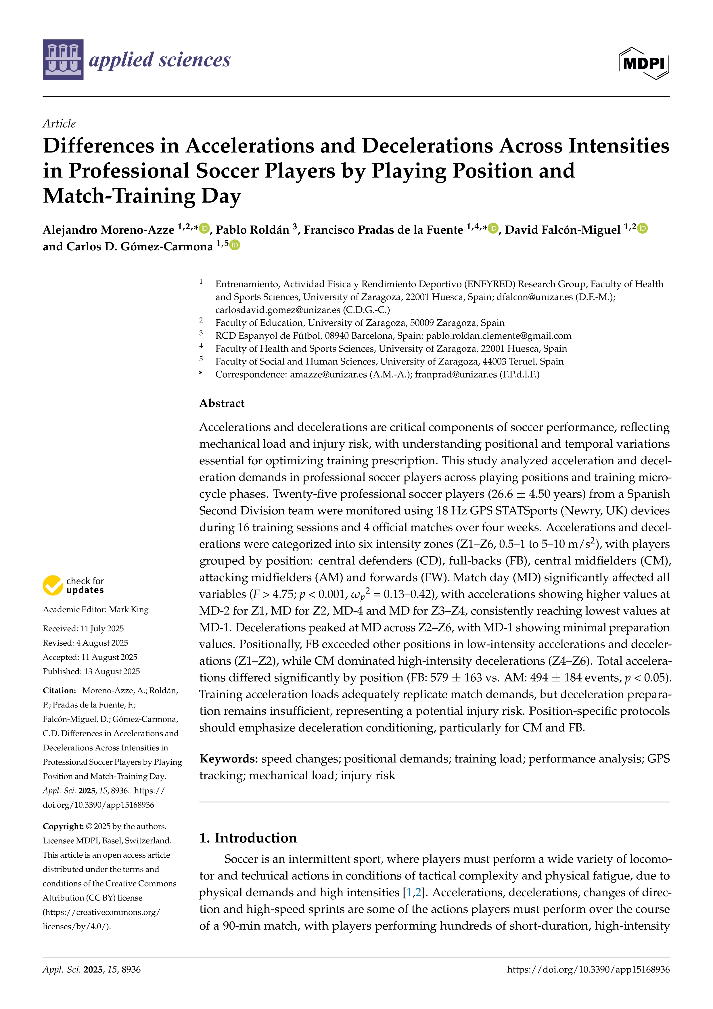 Differences in Accelerations and Decelerations Across Intensities in Professional Soccer Players by Playing Position and Match-Training Day