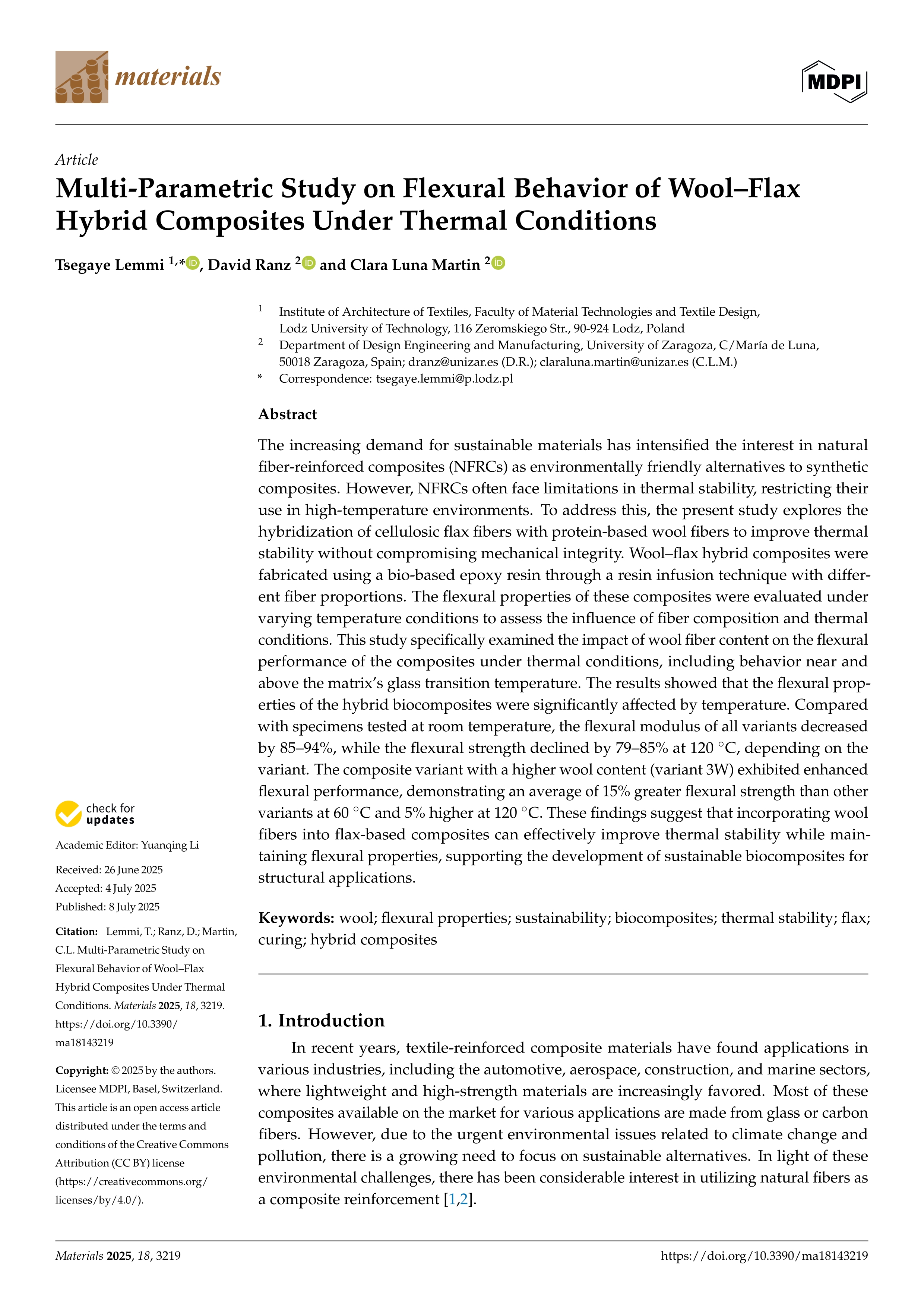 Multi-Parametric Study on Flexural Behavior of Wool–Flax Hybrid Composites Under Thermal Conditions