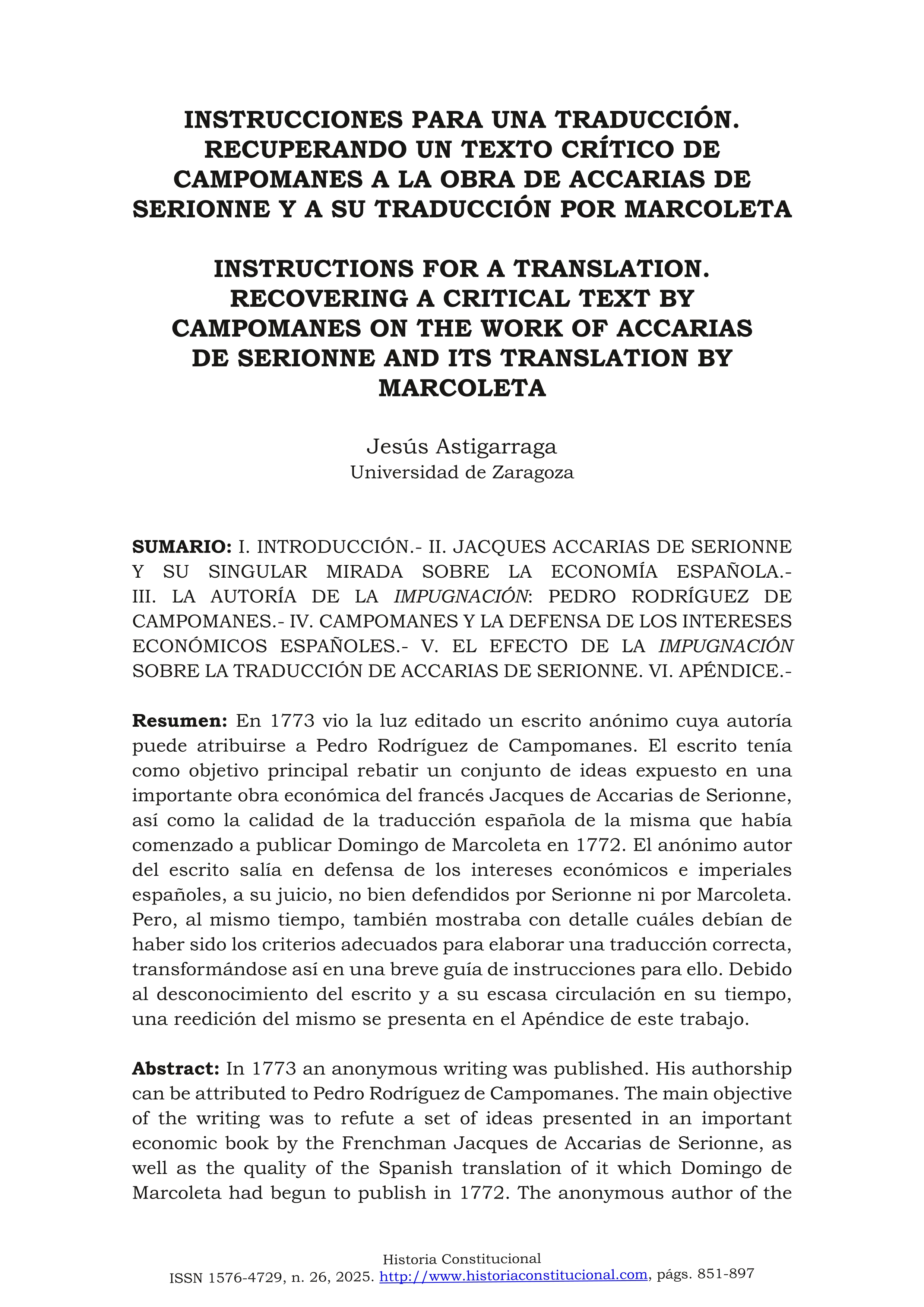 Instrucciones para una traducción. Recuperando un texto crítico de Campomanes a la obra de Accarias de Serionne y a su traducción por Marcoleta