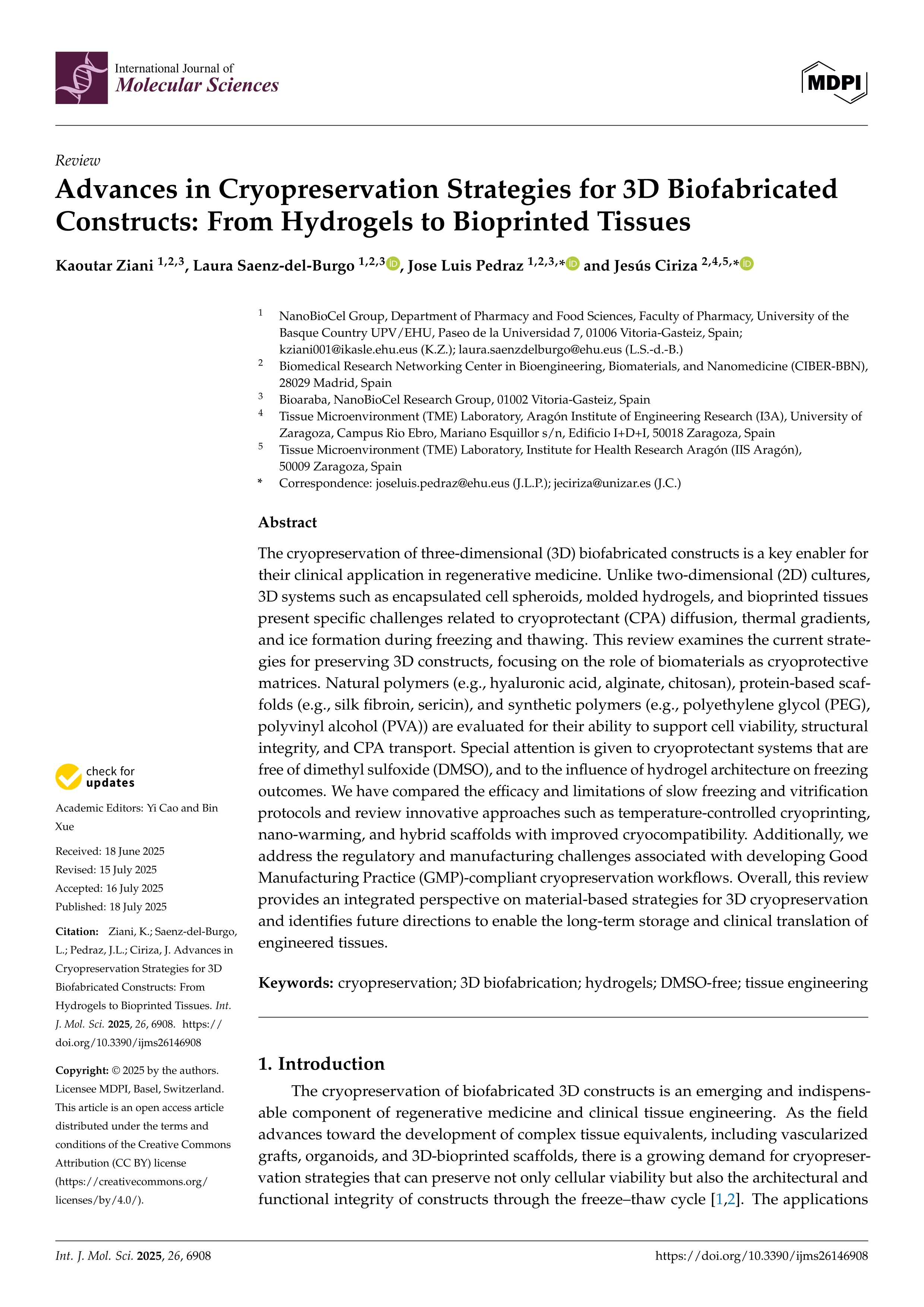 Advances in Cryopreservation Strategies for 3D Biofabricated Constructs: From Hydrogels to Bioprinted Tissues
