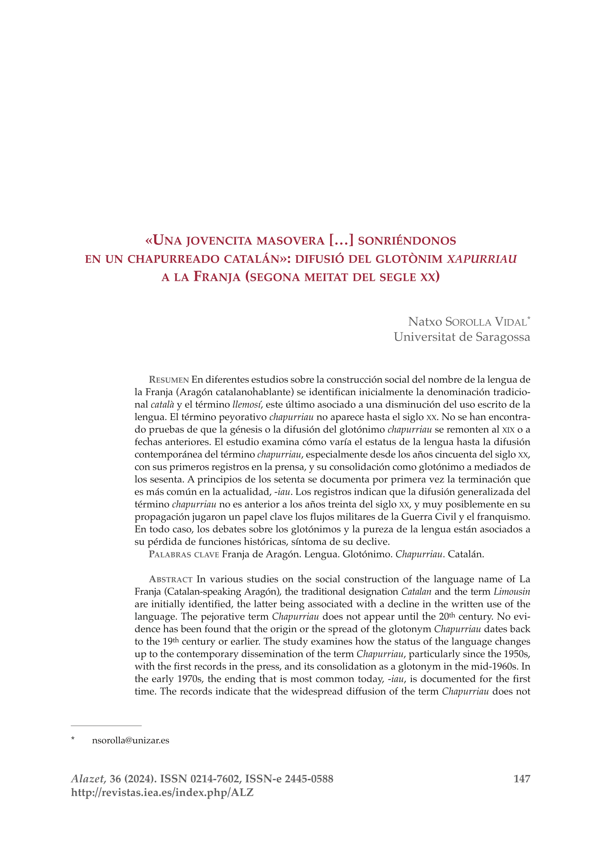 “Una jovencita masovera […] sonriéndonos en un chapurreado catalán...”: difusió del glotònim xapurriau a la Franja (segona meitat del segle XX)